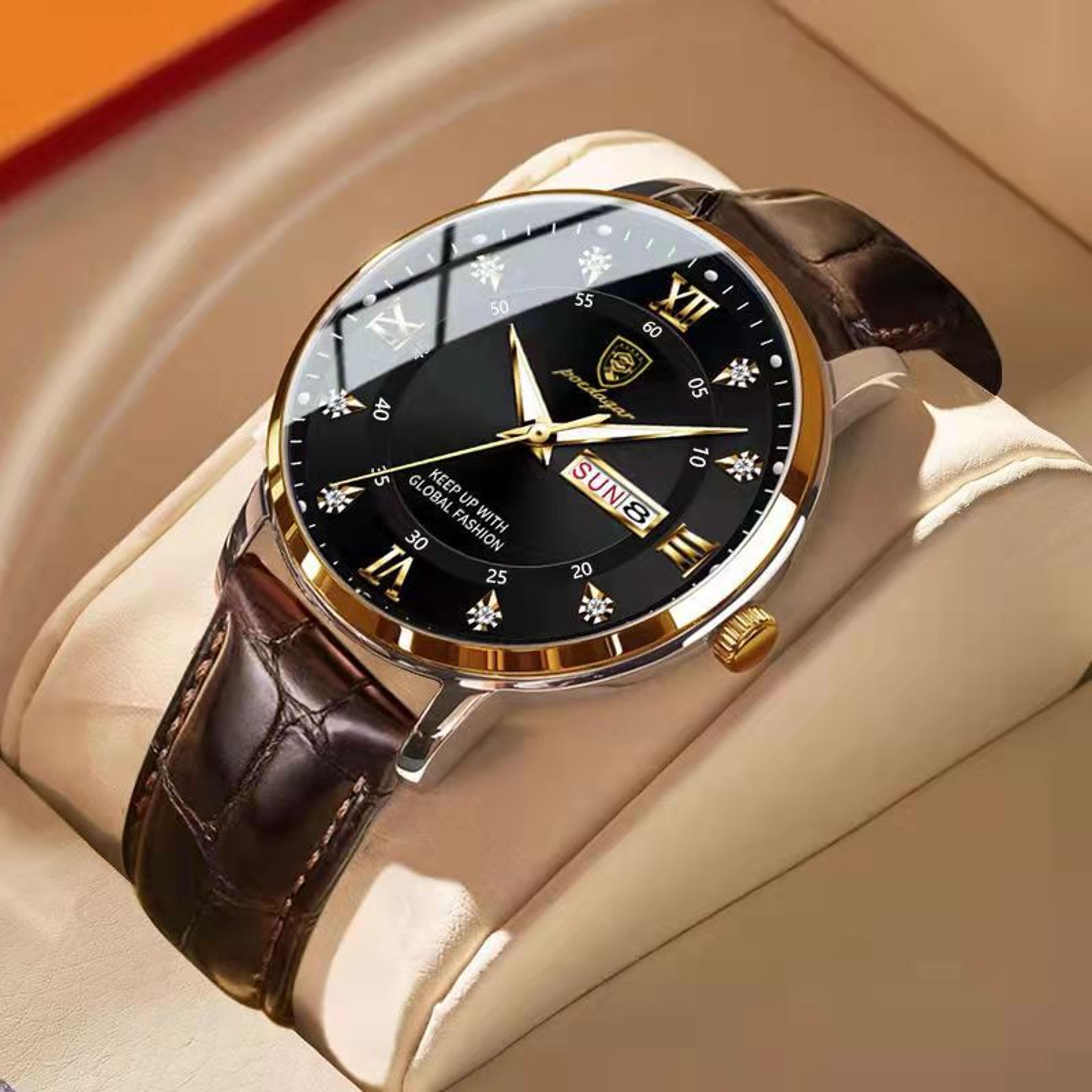 luxury mens quartz wristwatch with waterproof luminous leather strap casual sports & military design for men