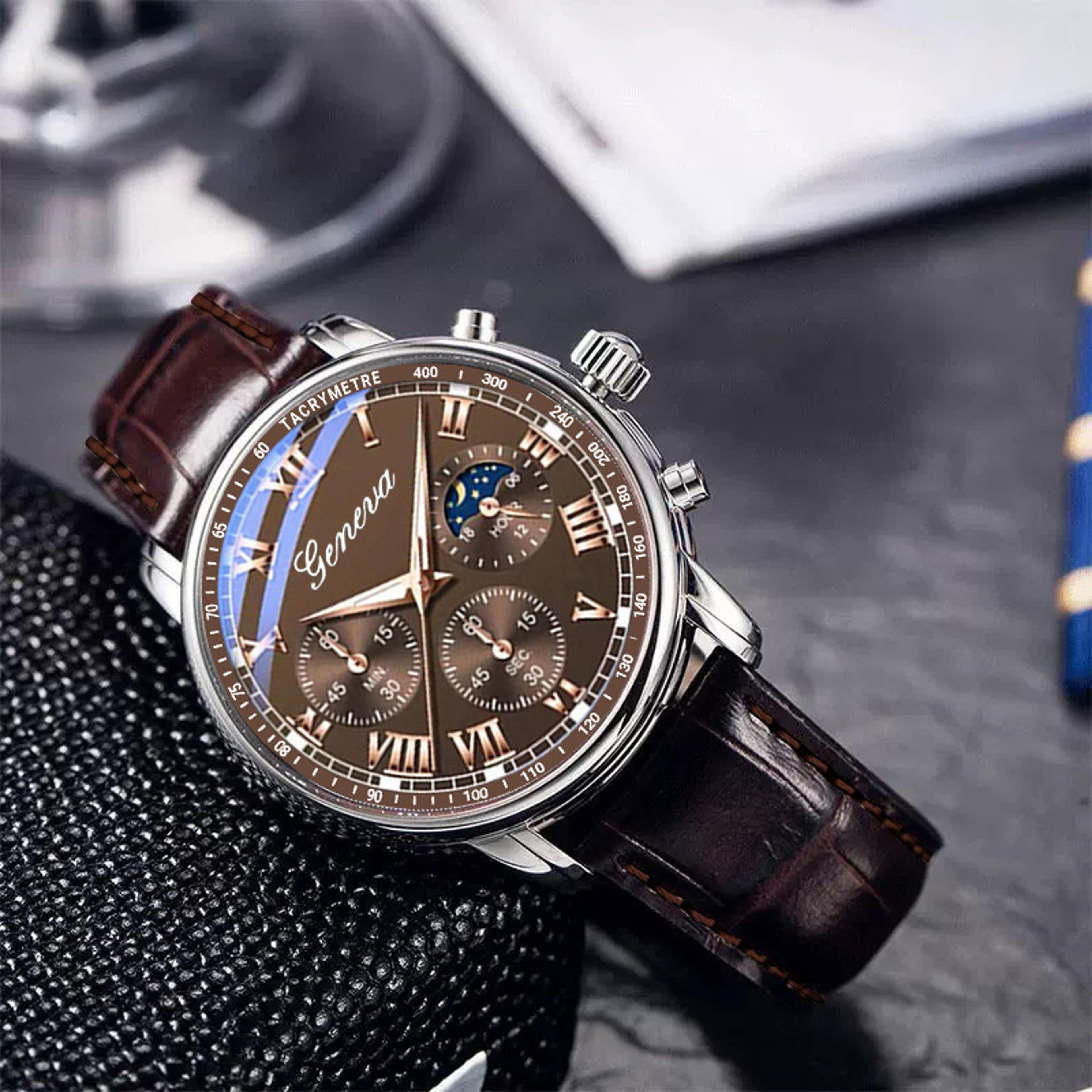 minimalist mens quartz watch with premium brown pu leather strap