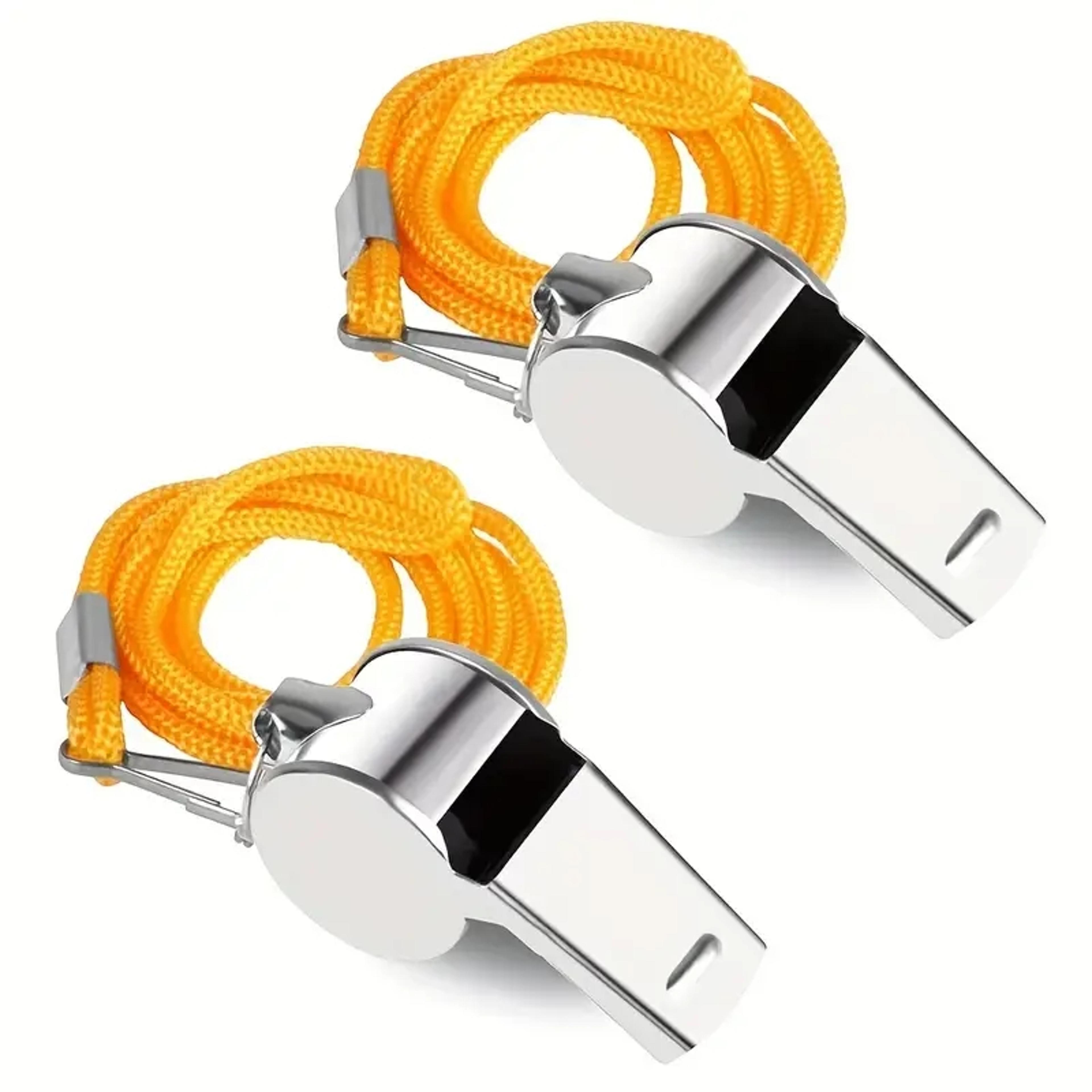 stainless steel referee whistle with yellow lanyard ideal for sports training, rugby, and football