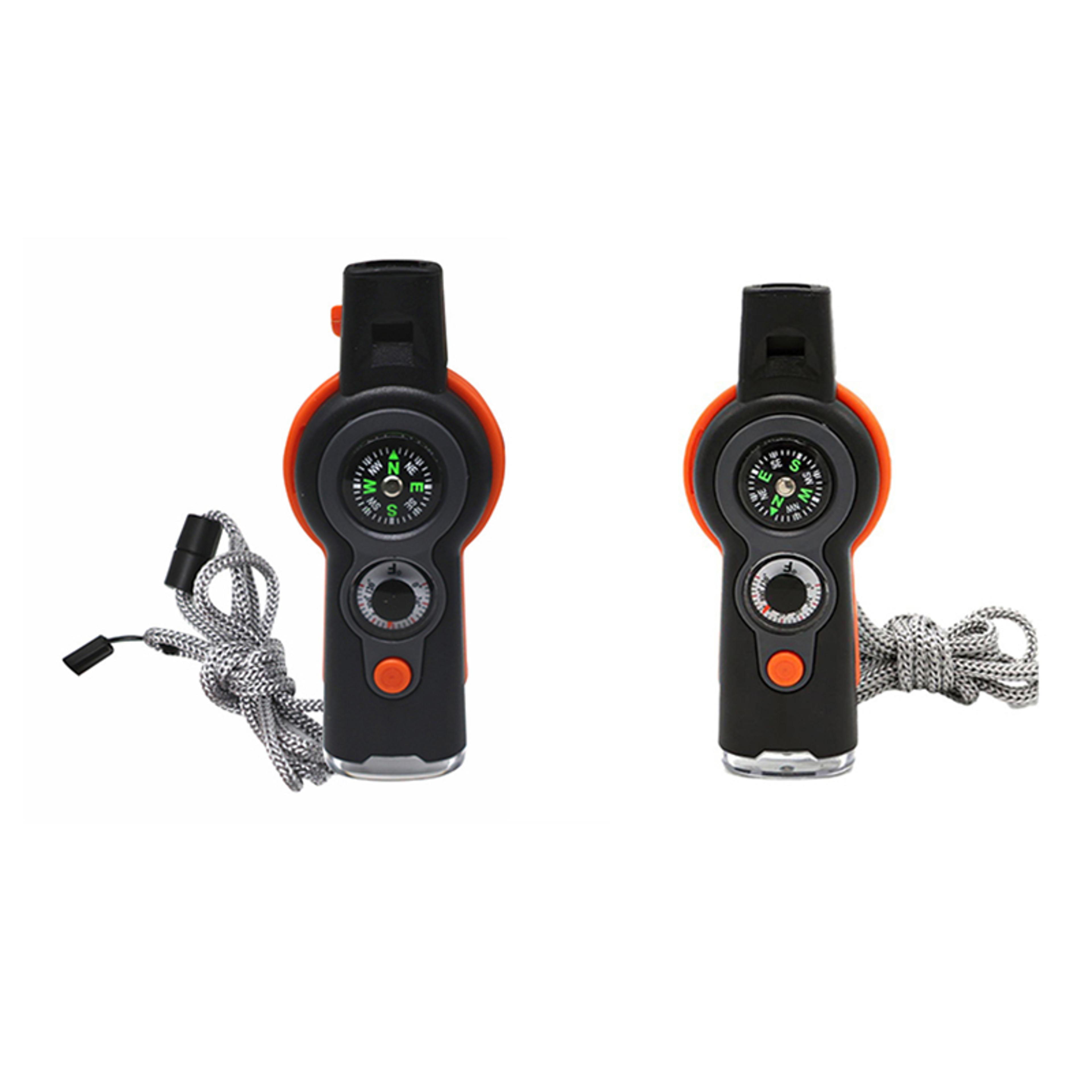 outdoor survival whistle with led light, compass, thermometer, magnifier, reflector