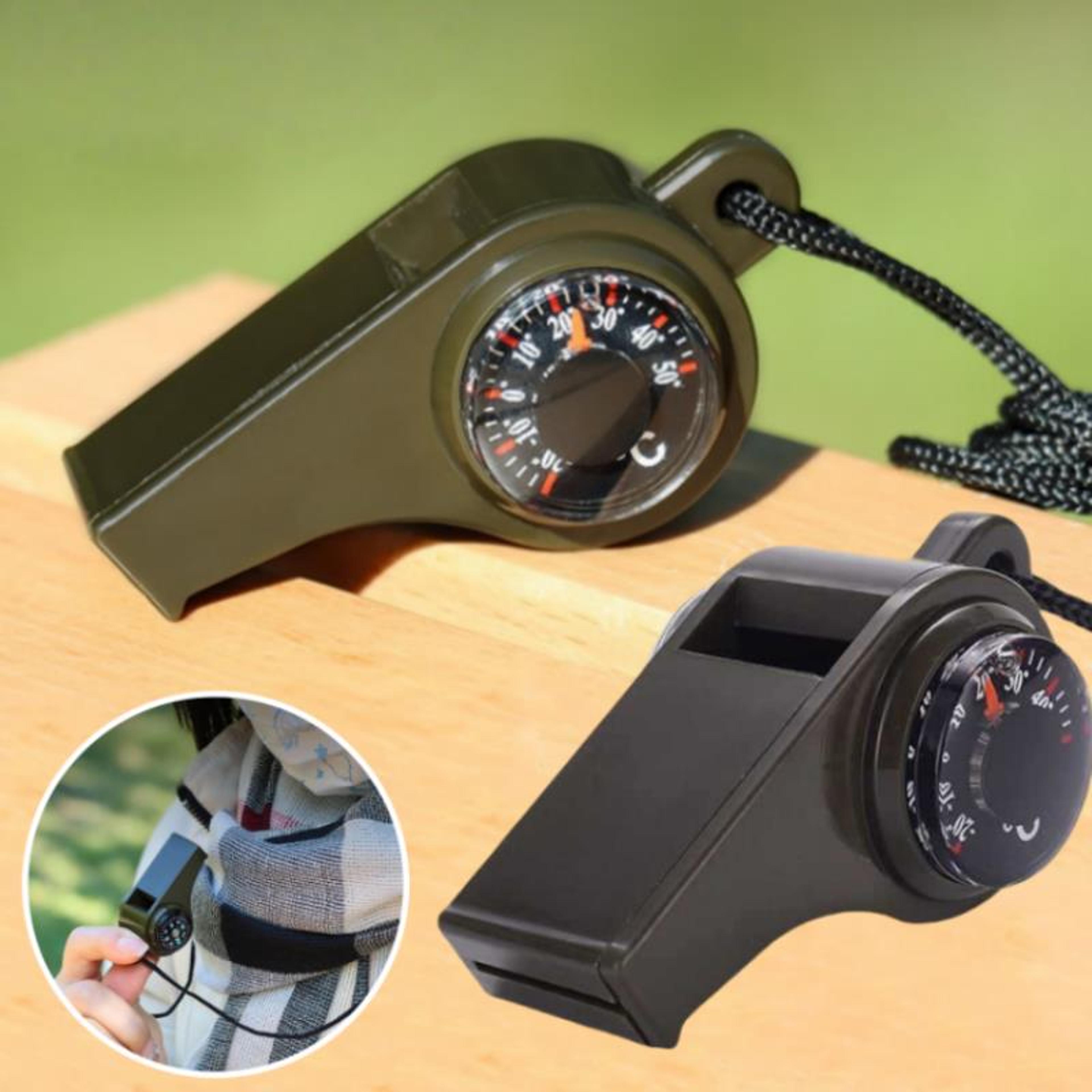 emergency survival whistle with compass & thermometer multi-functional tool for outdoor adventure, hiking, camping.