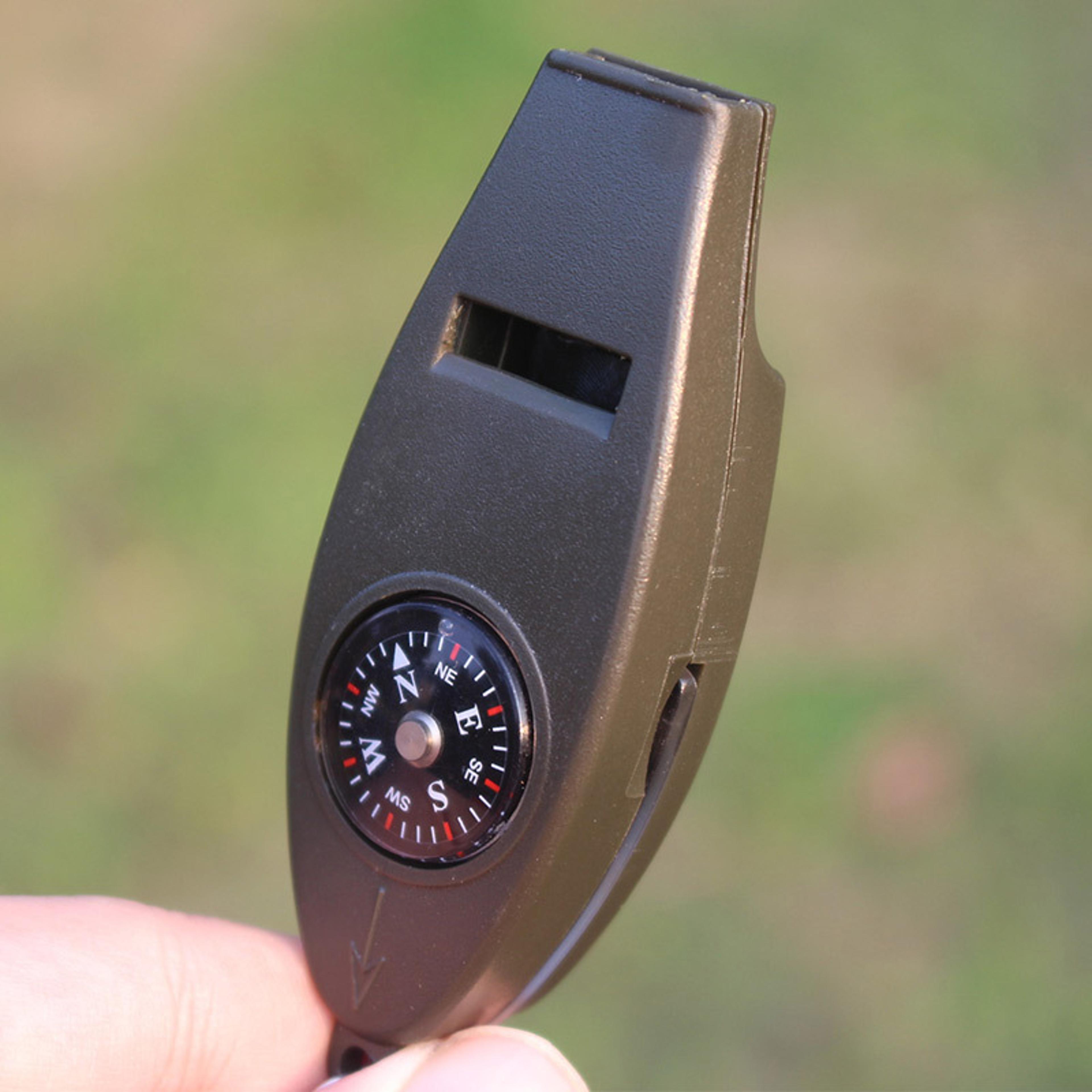multifunctional survival keychain with whistle, compass, magnifier, and thermometer