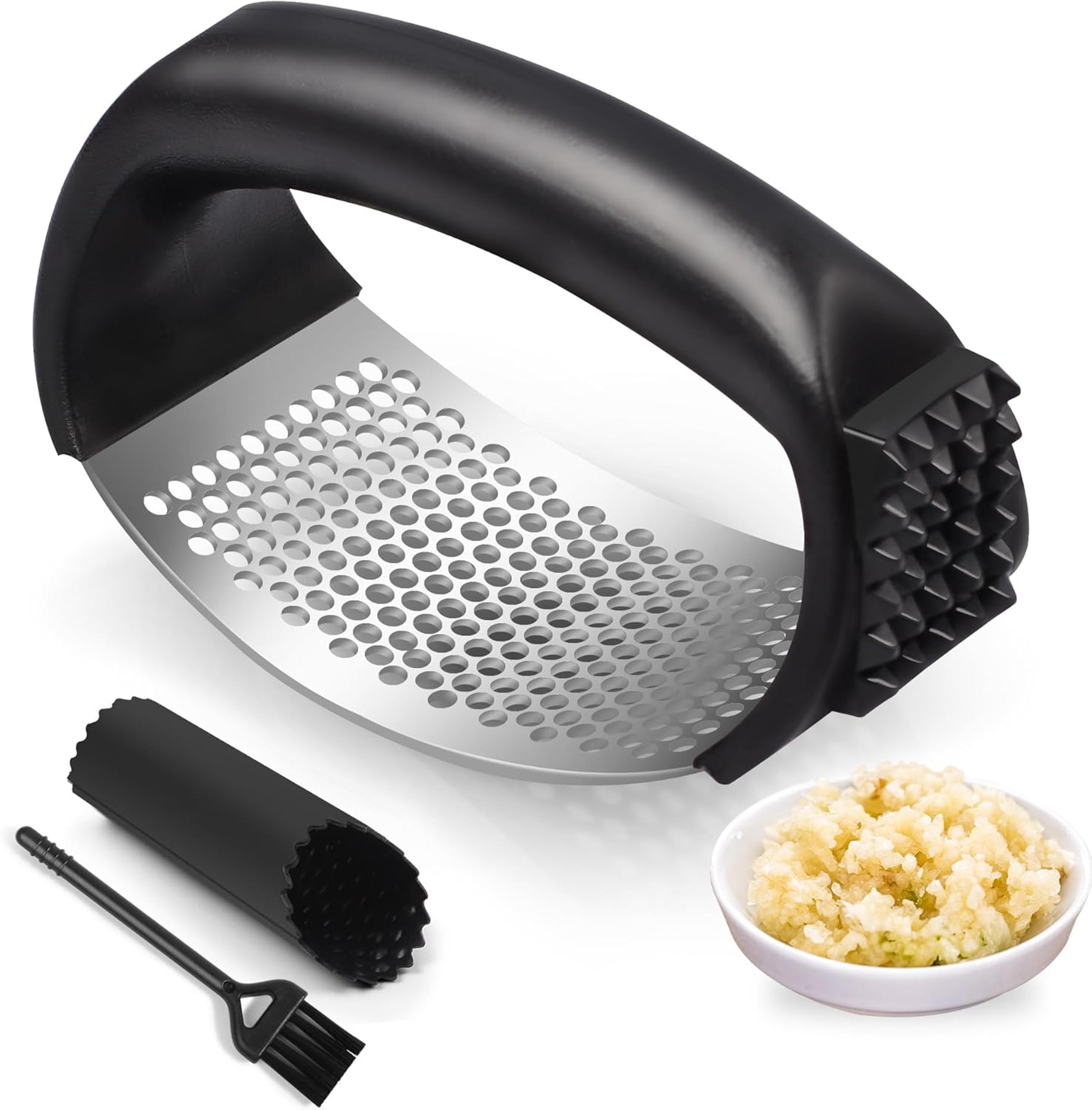 stainless steel garlic press rocker easy-squeeze mincer with peeler & cleaning brush