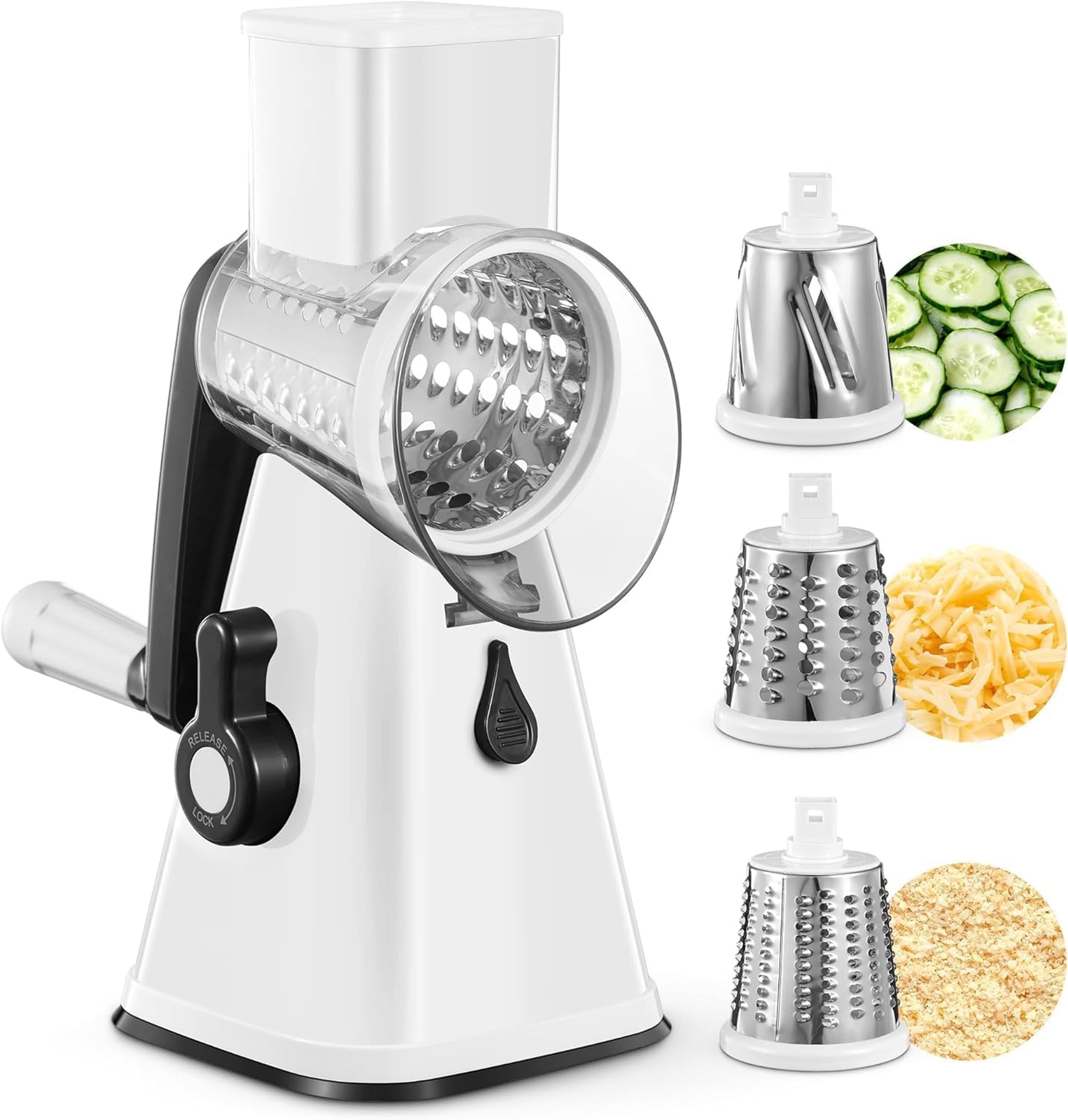 multi-purpose rotary grater & mandoline vegetable slicer perfect for cheese, carrots, potatoes.
