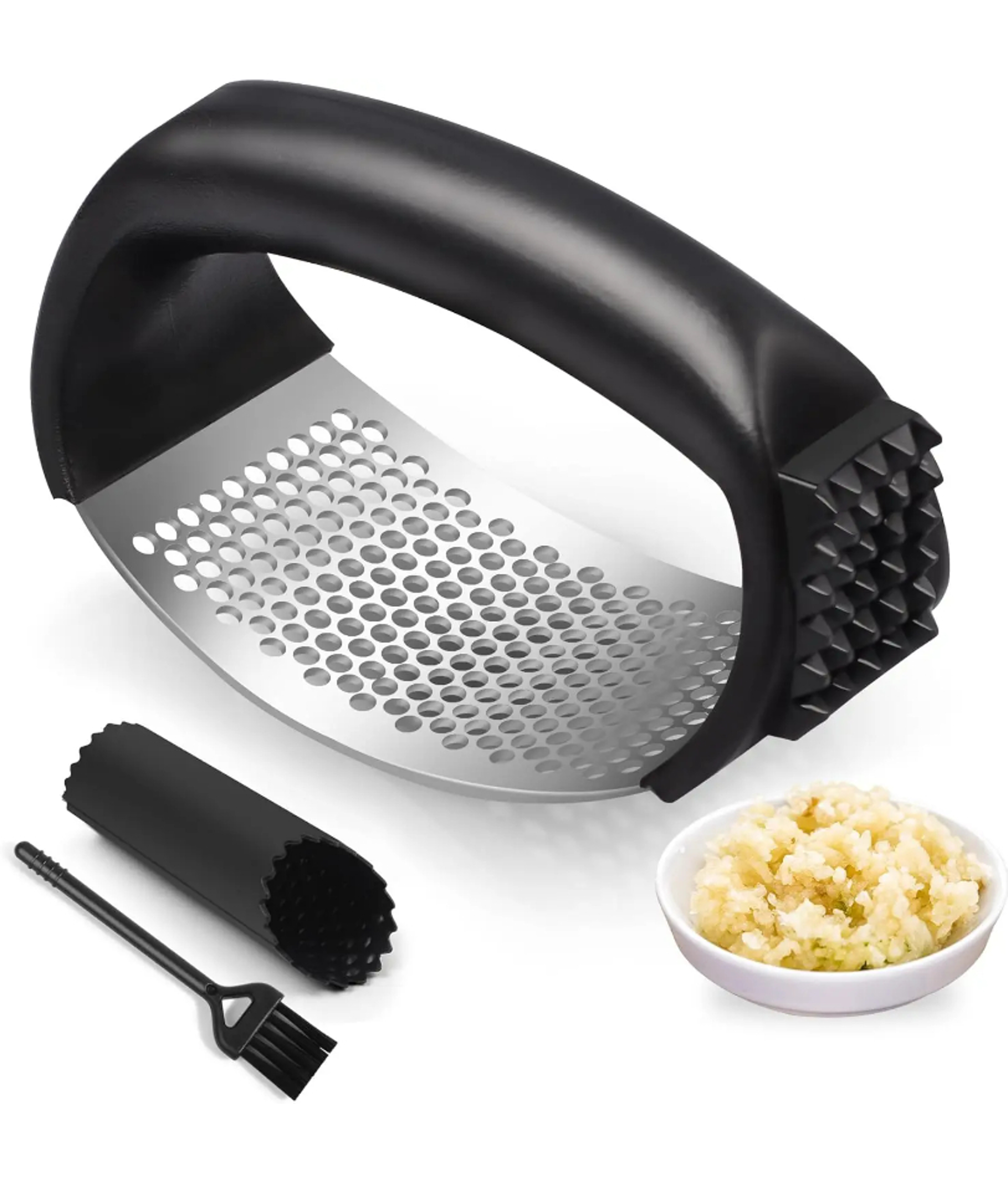 garlic press rocker stainless steel garlic mincer crusher with peeler & cleaning brush for effortless crushing