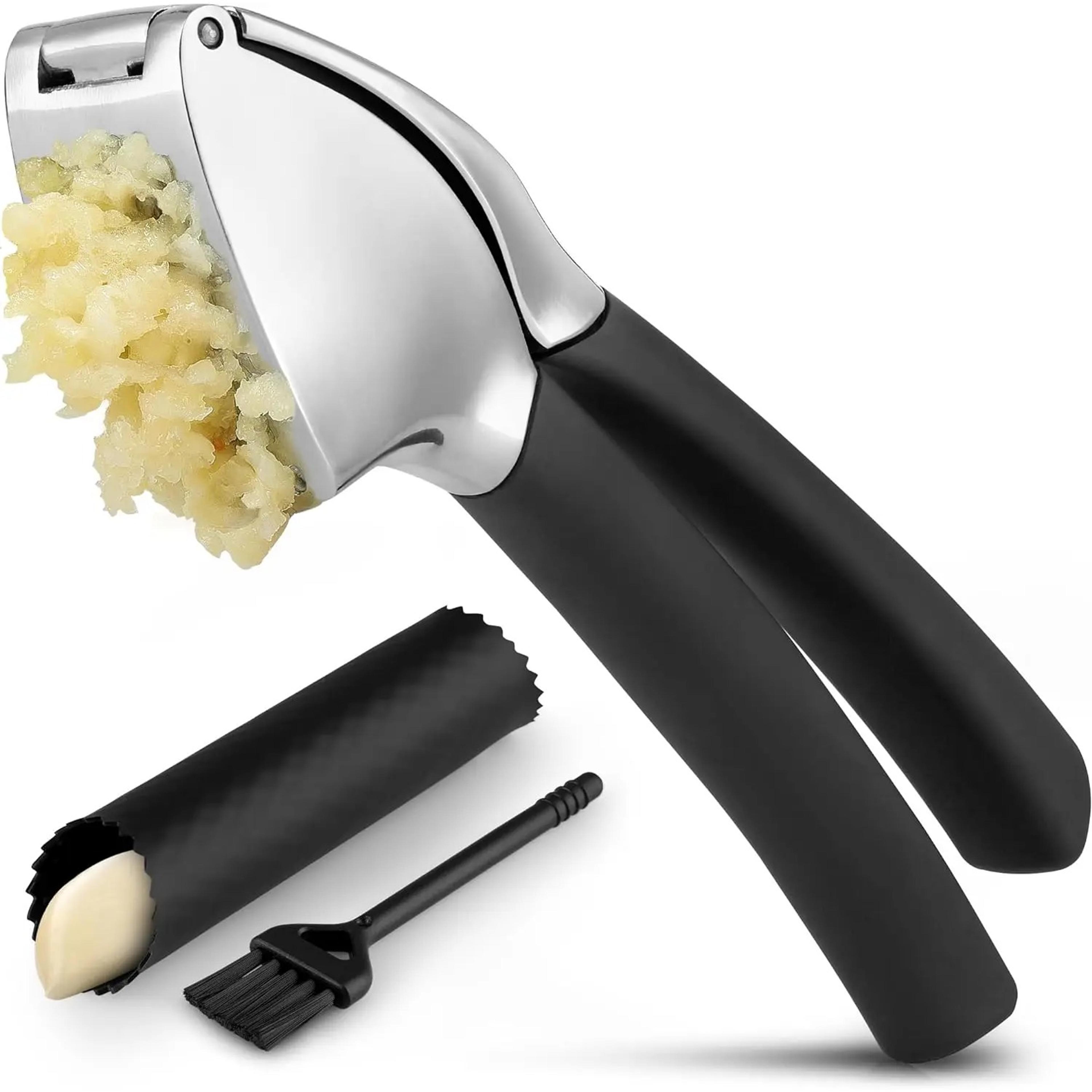 professional stainless steel garlic press set with silicone peeler, rust-proof and dishwasher safe mincer tool