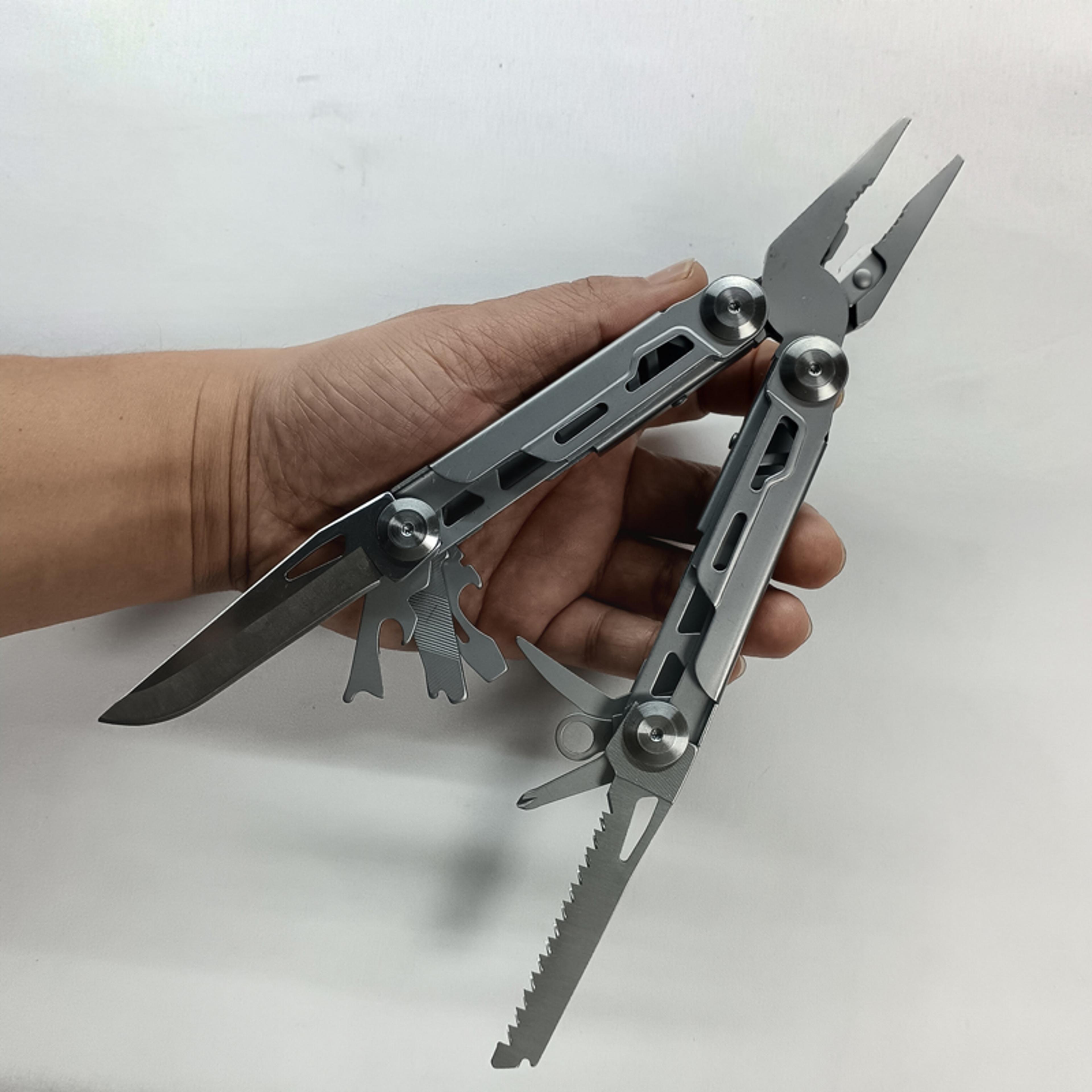 premium stainless steel folding multitool pliers for camping, hiking & survival knife, saw, screwdriver.