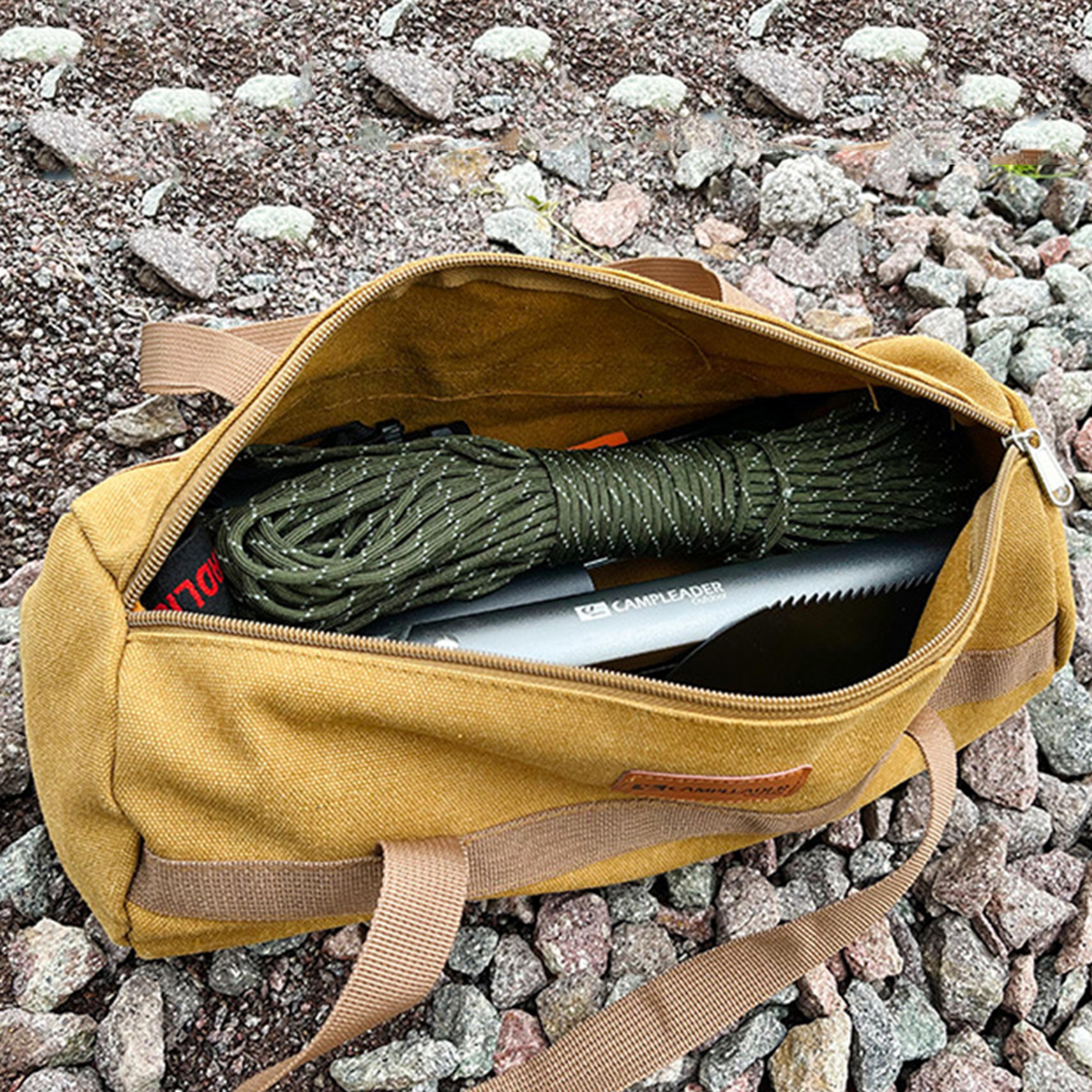 large capacity canvas camping tool storage bag tent, hammer & ground nail organizer for outdoor adventures