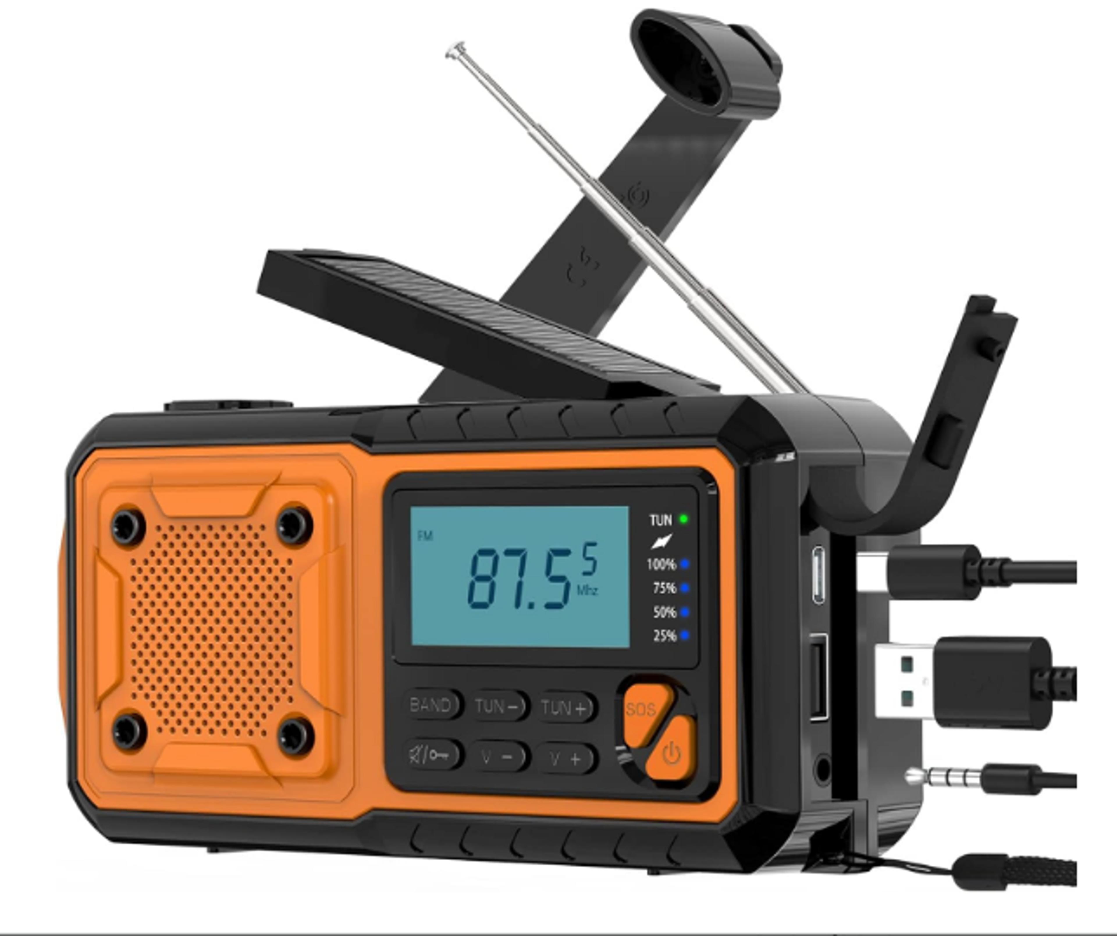 portable emergency weather radio with hand crank solar charging flashlight and phone charger