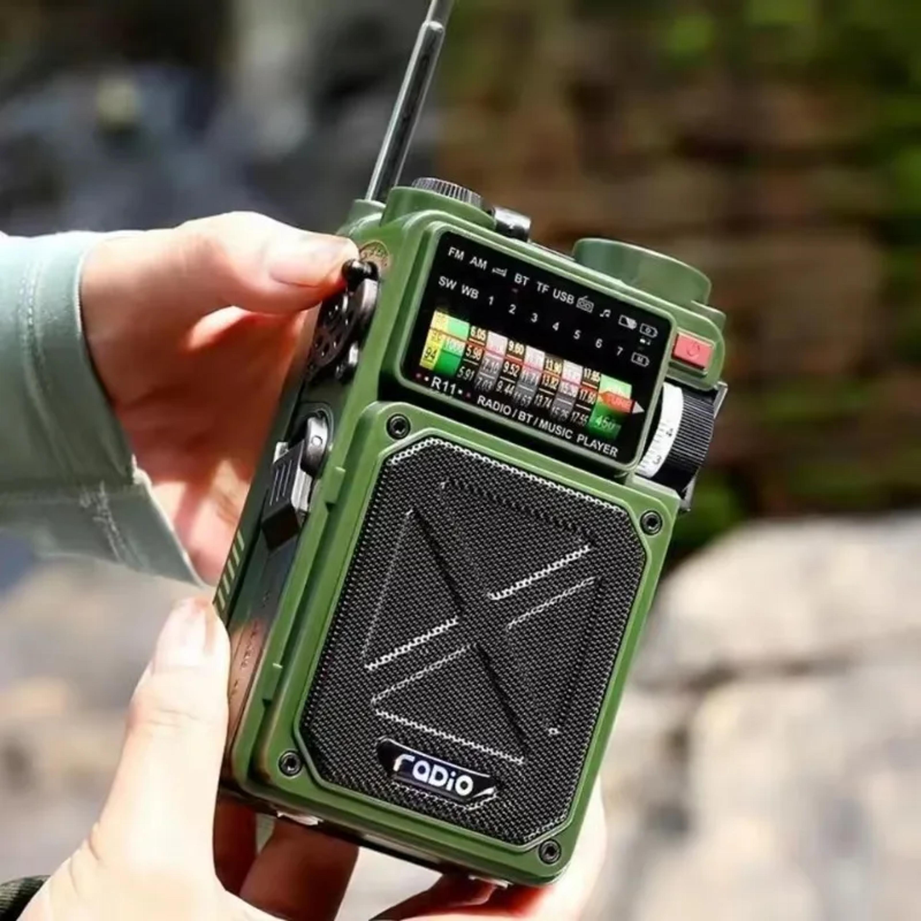 hand crank emergency radio with solar charging, bluetooth speaker & power bank