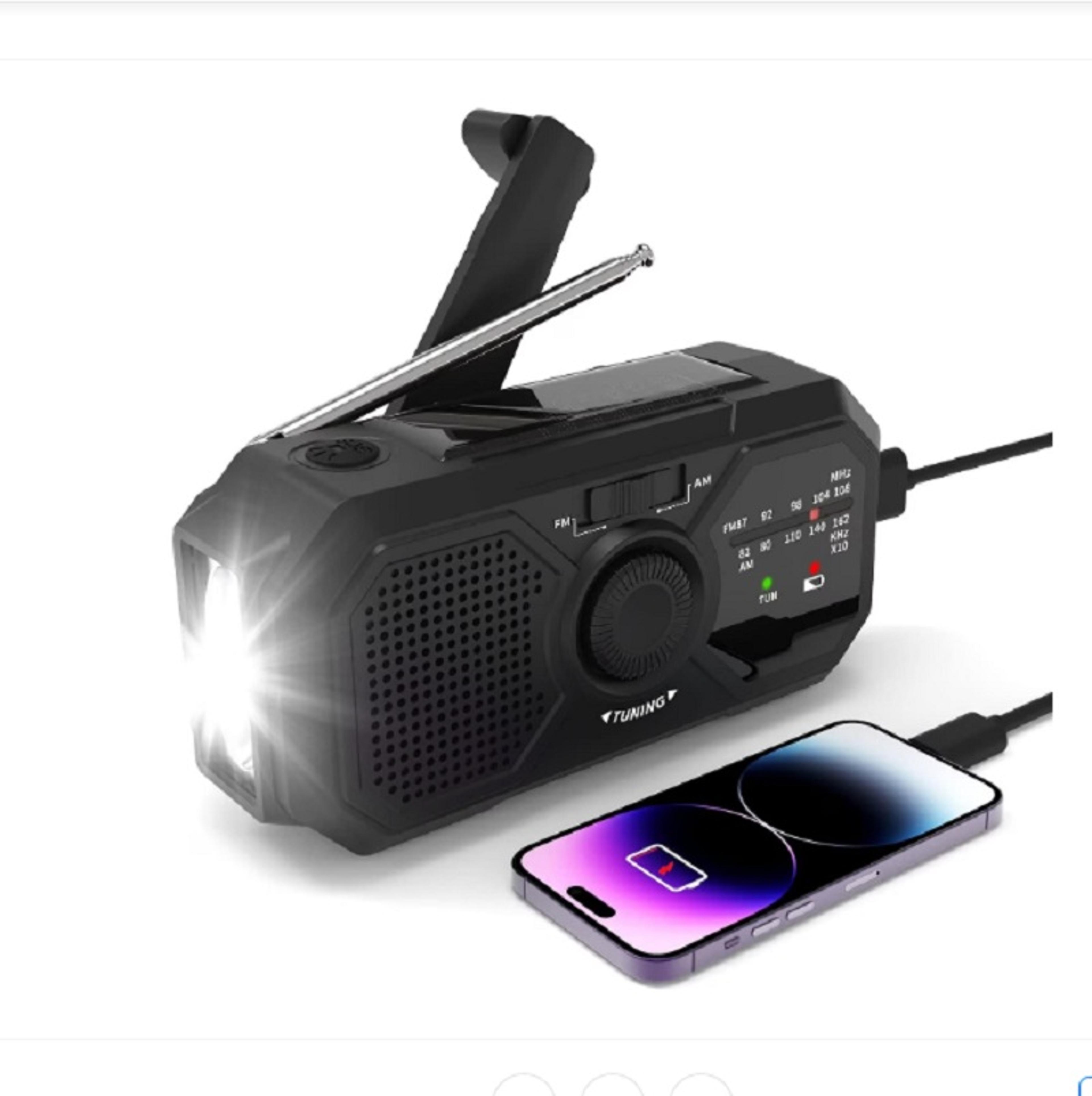 solar emergency radio with hand crank, portable radio and power bank