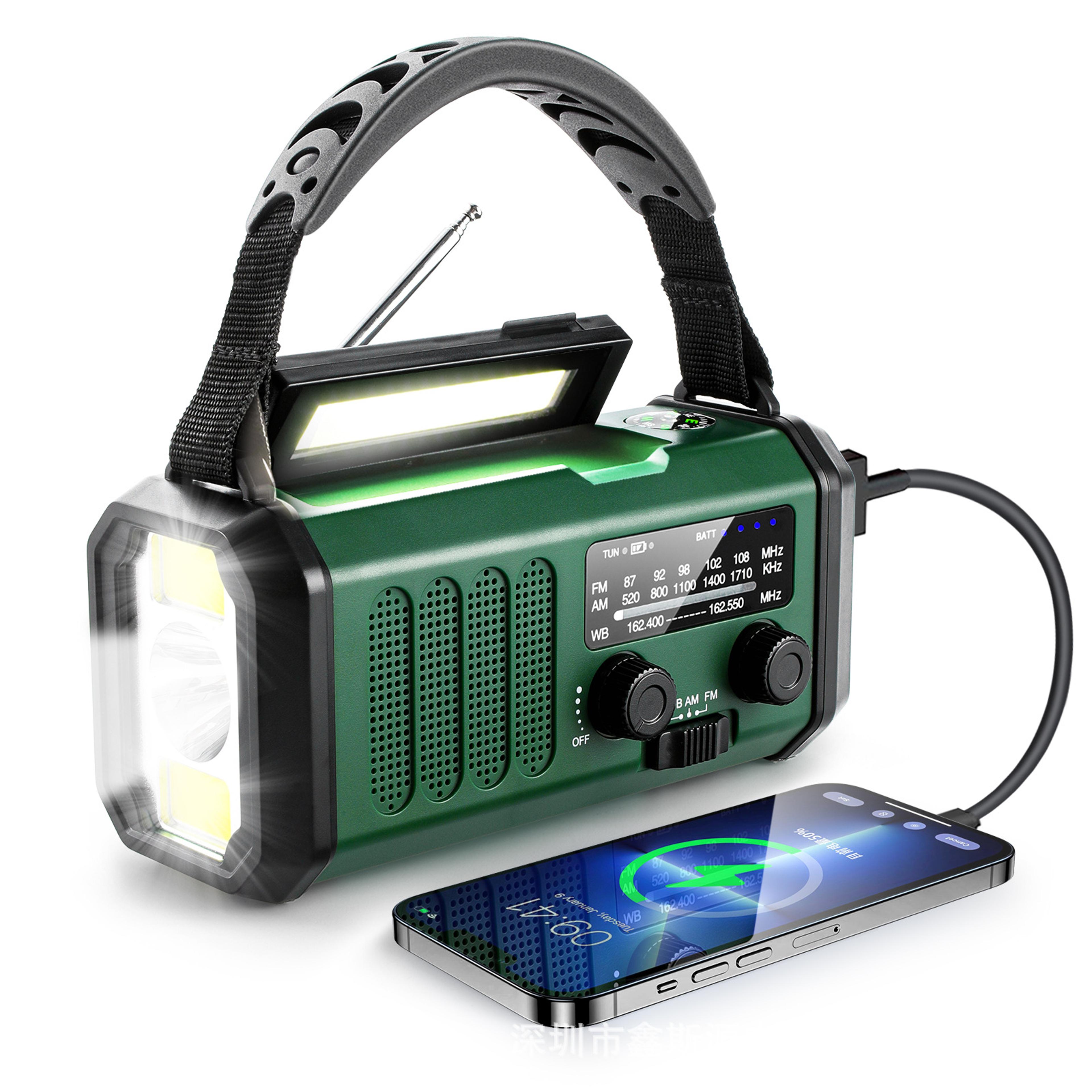 hand crank emergency radio with solar charging, flashlight and power bank