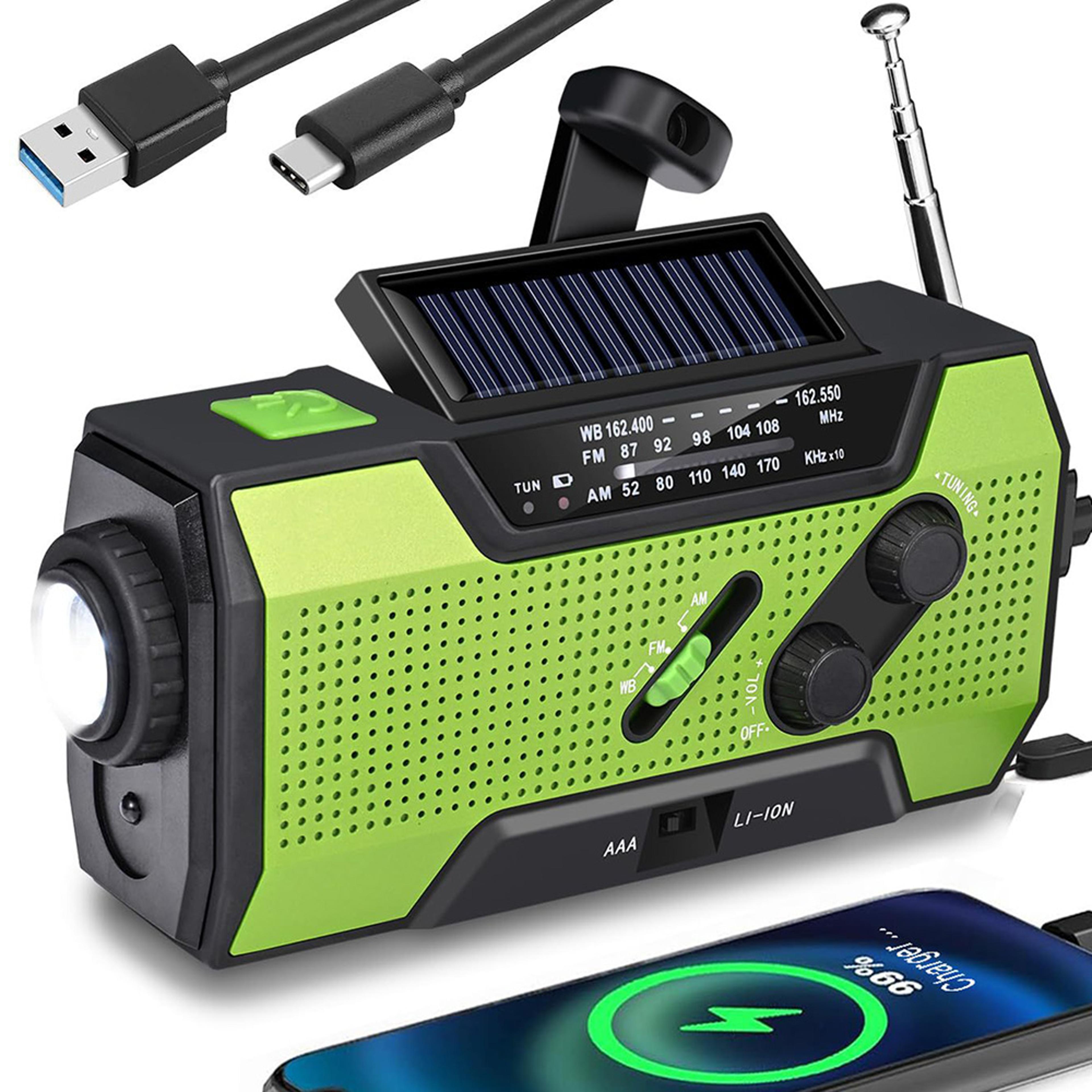 multifunction emergency radio with solar hand crank, usb rechargeable flashlight, reading lamp, and sos alarm