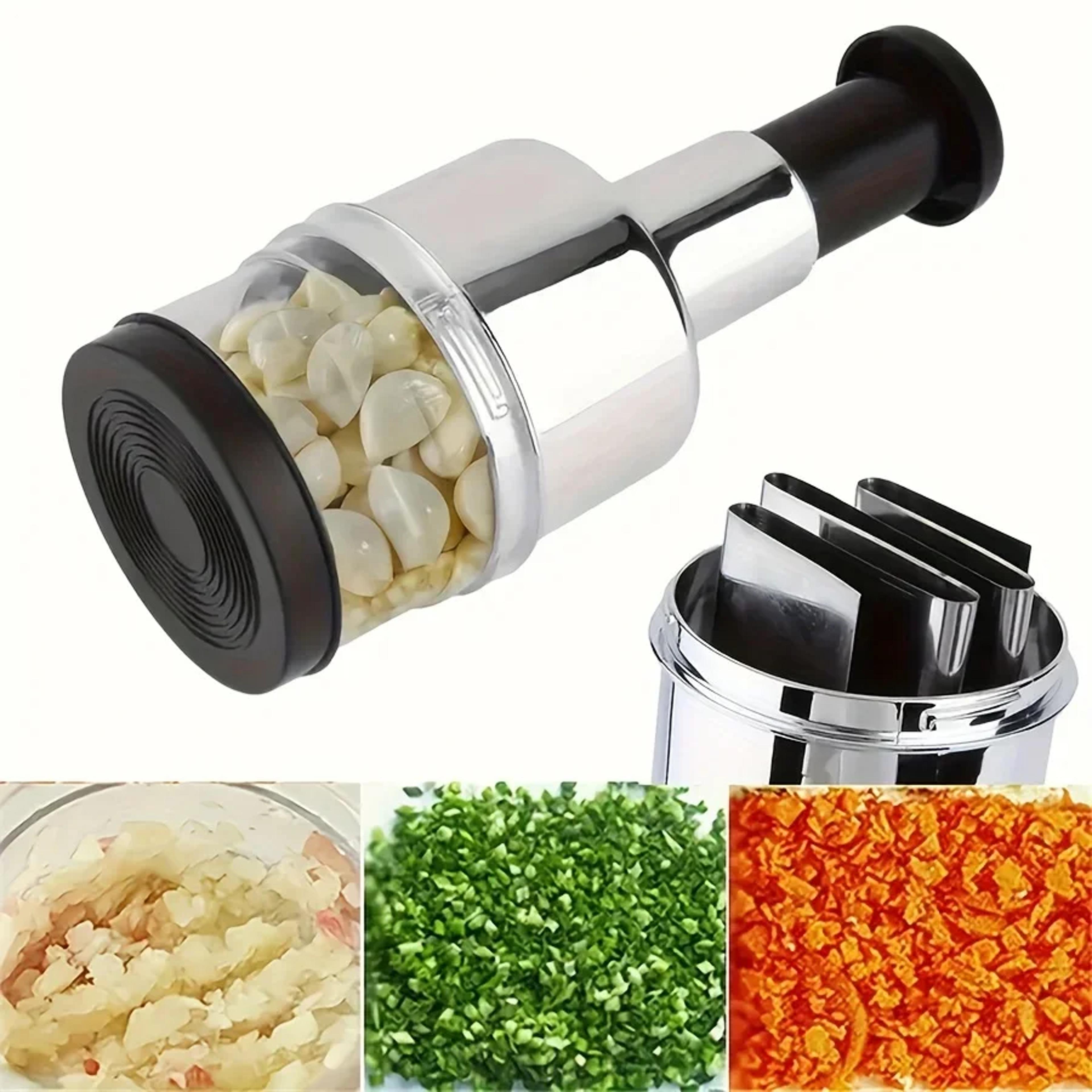 stainless steel garlic press and manual garlic chopper with storage cup