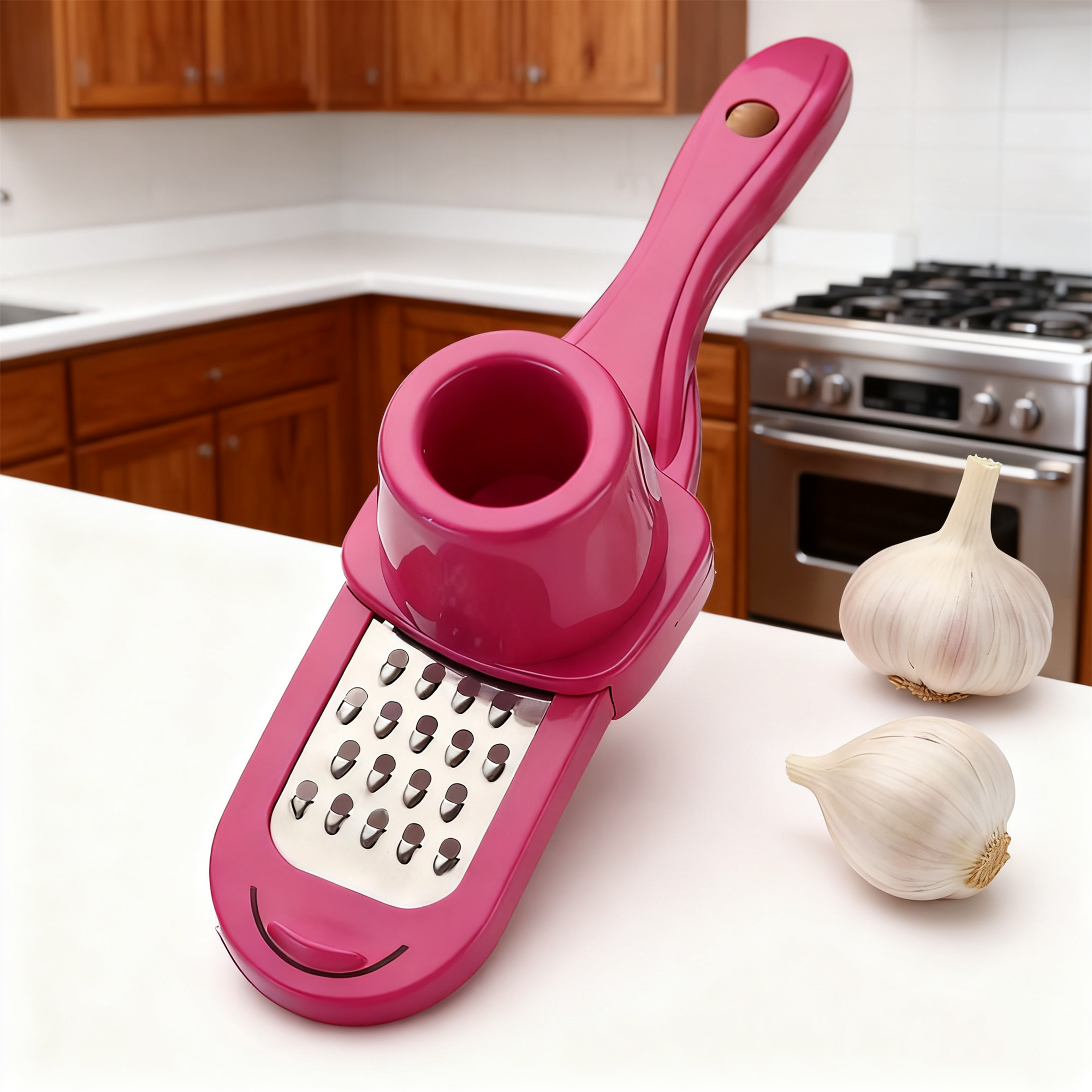 stainless steel garlic press rocker with peeler for easy garlic and ginger prep