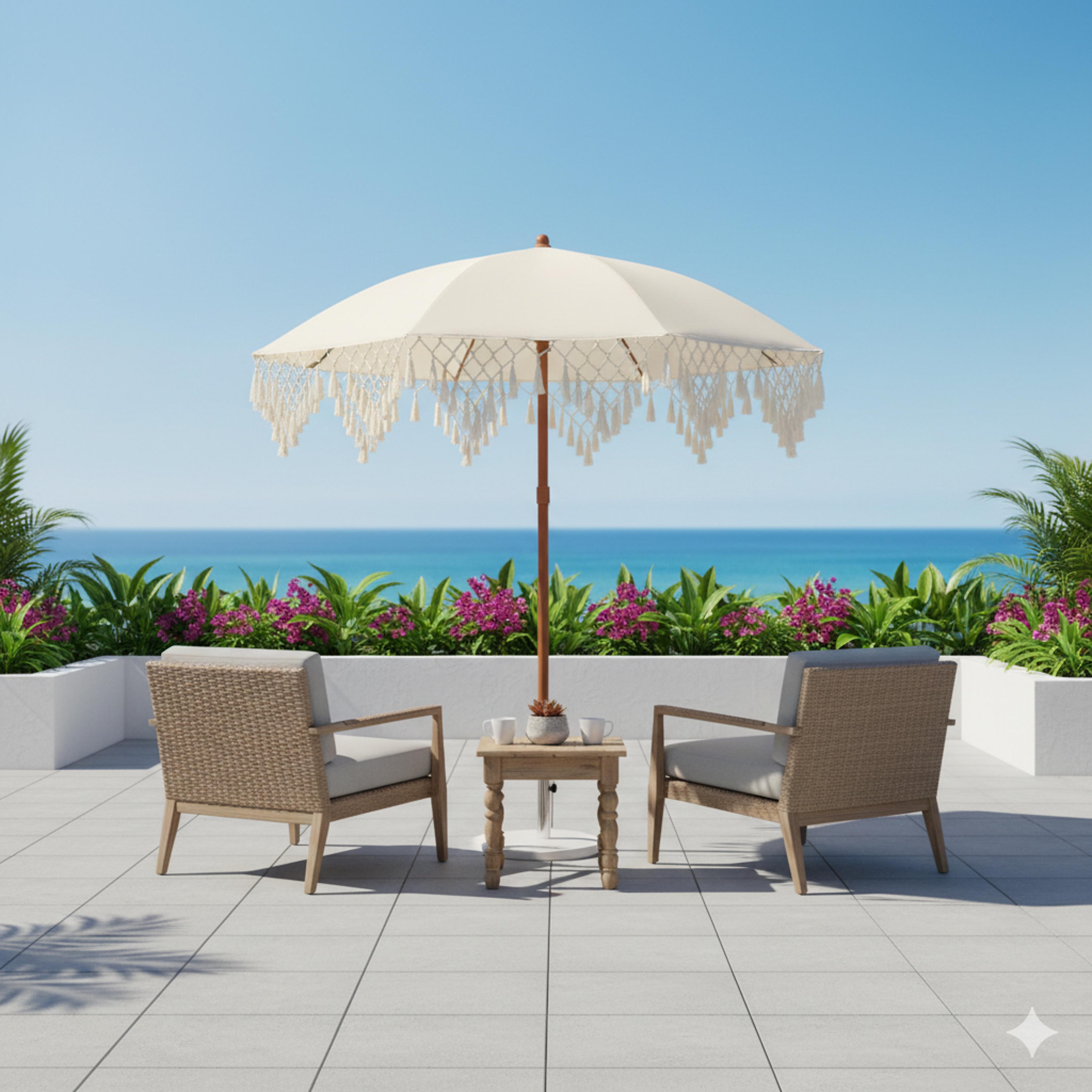 reversible portable umbrella with triangle fringe decoration perfect for courtyards, balconies, and beach use