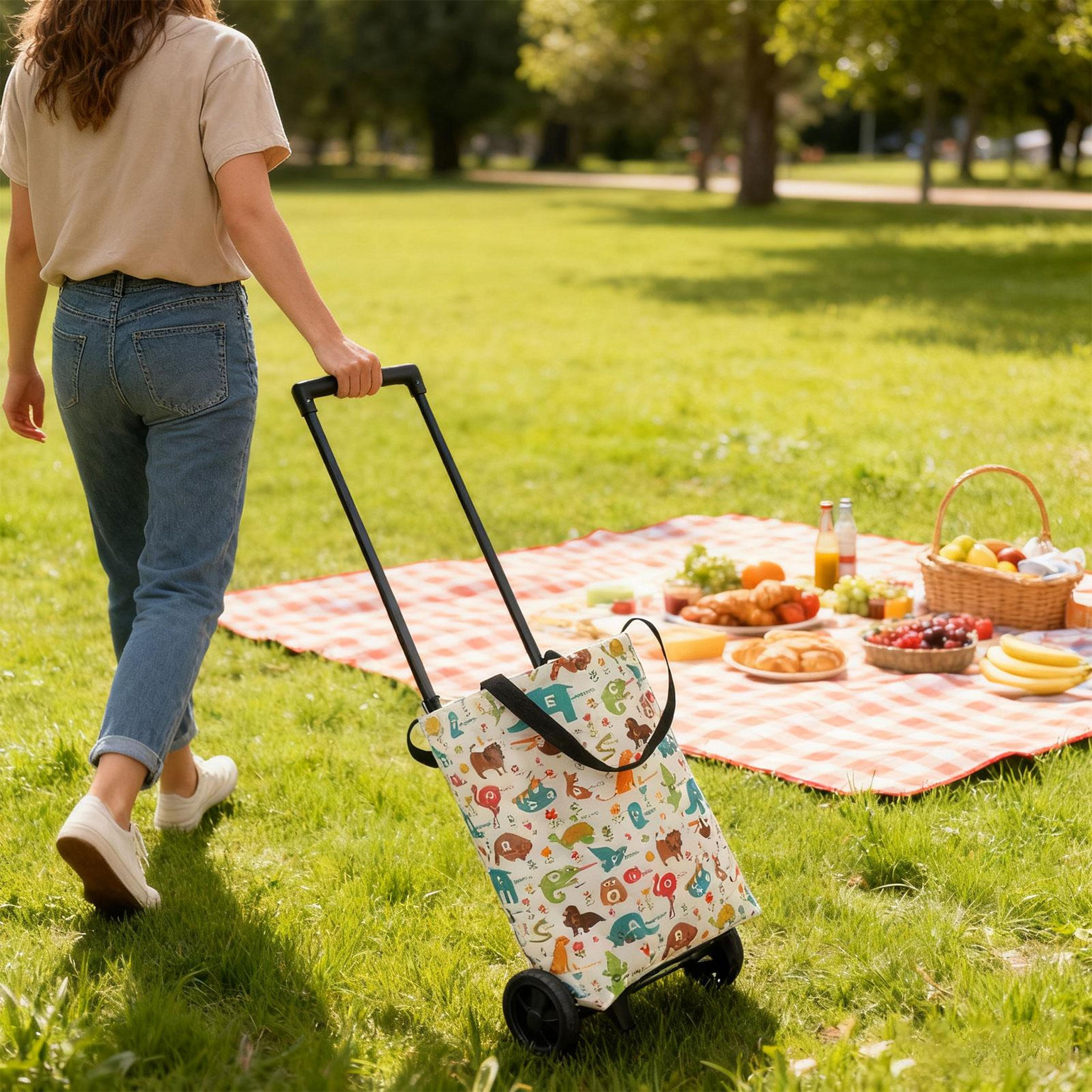 foldable shopping cart rolling tote bag reusable grocery trolley for travel, market and beach