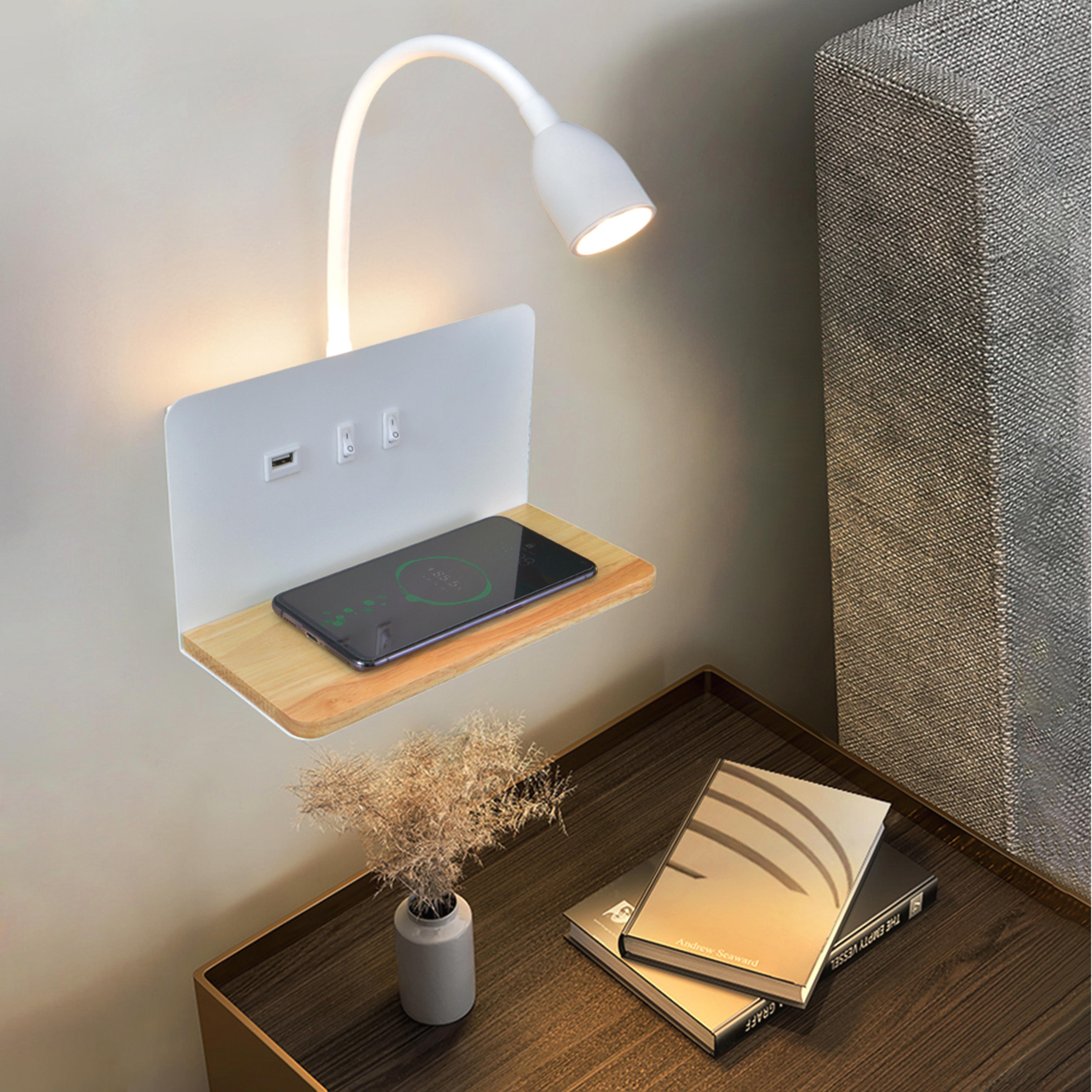 modern led wall lamp with wireless charging usb port and 360 rotating bedside reading light