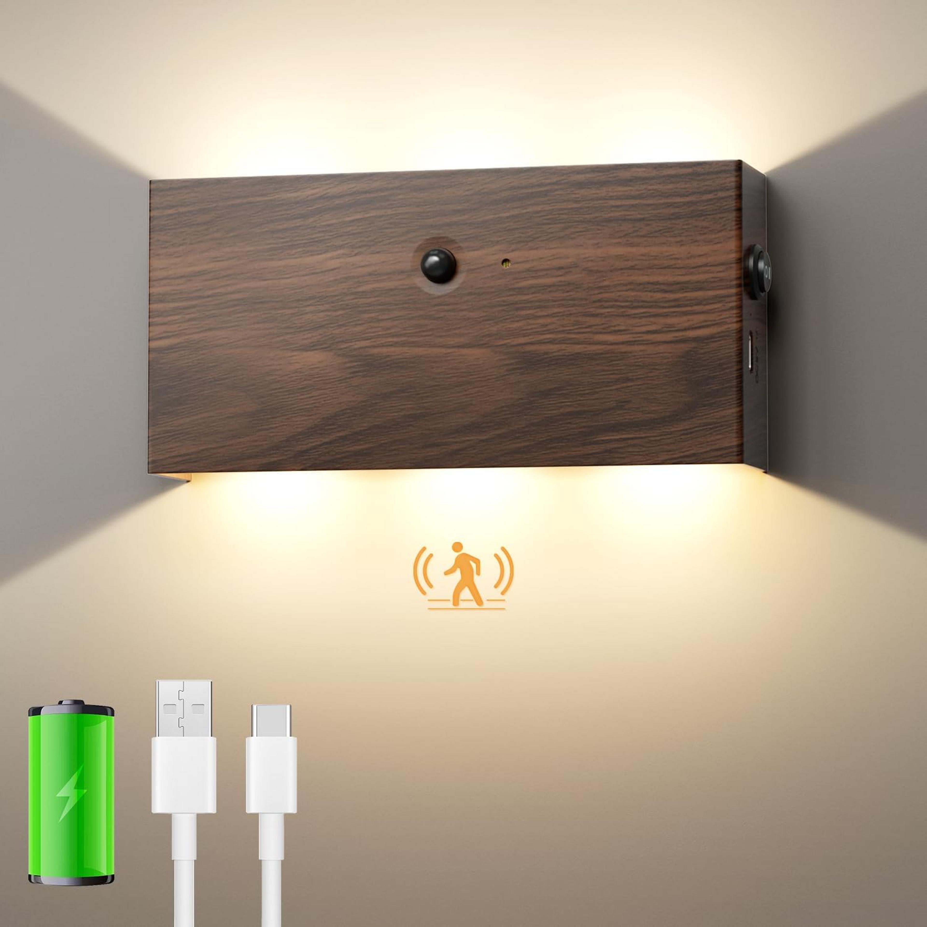 rechargeable motion sensor wall light wireless led wall sconce with magnetic mount 4000mah battery walnut finish