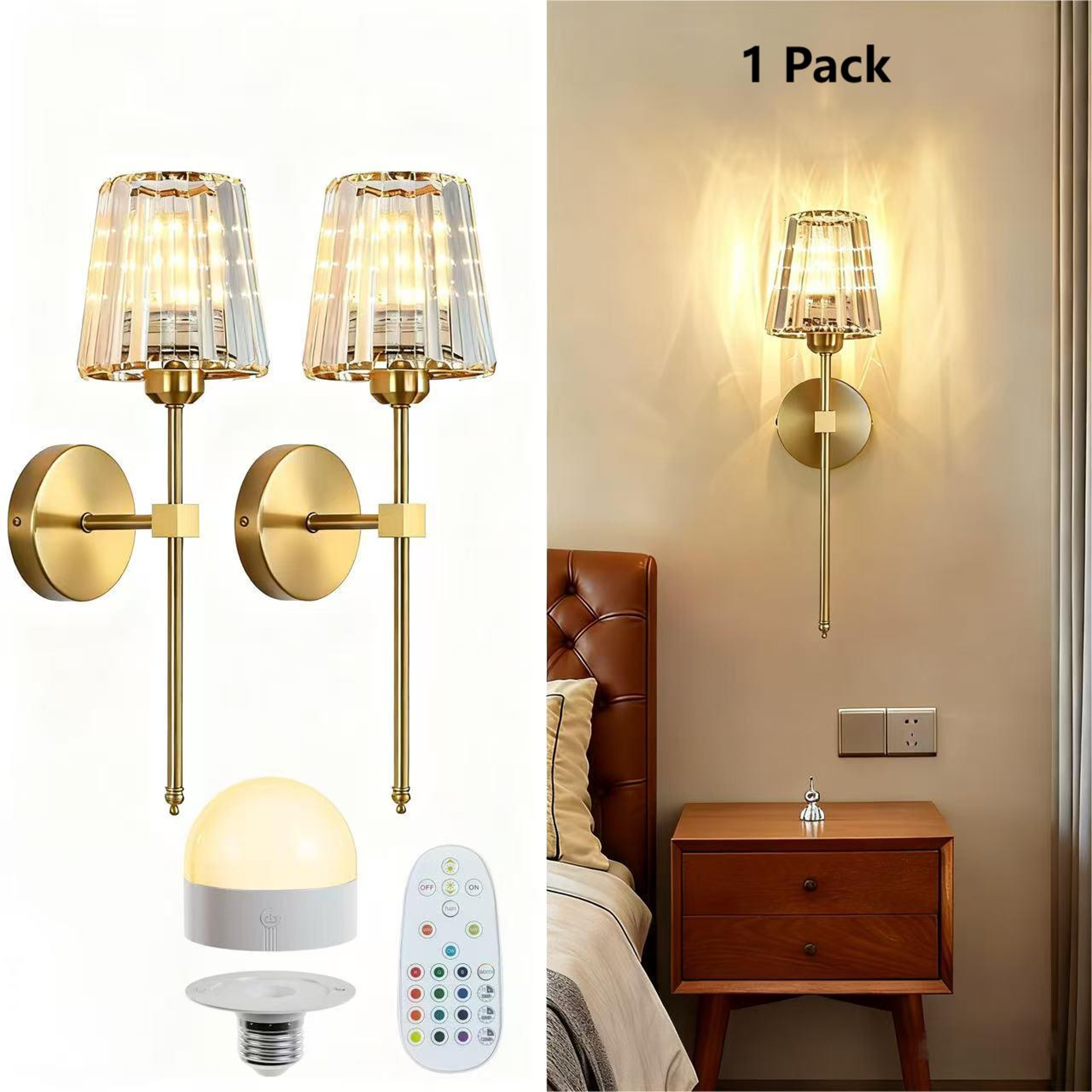 rechargeable crystal battery operated wall sconce with rgb dimmable light