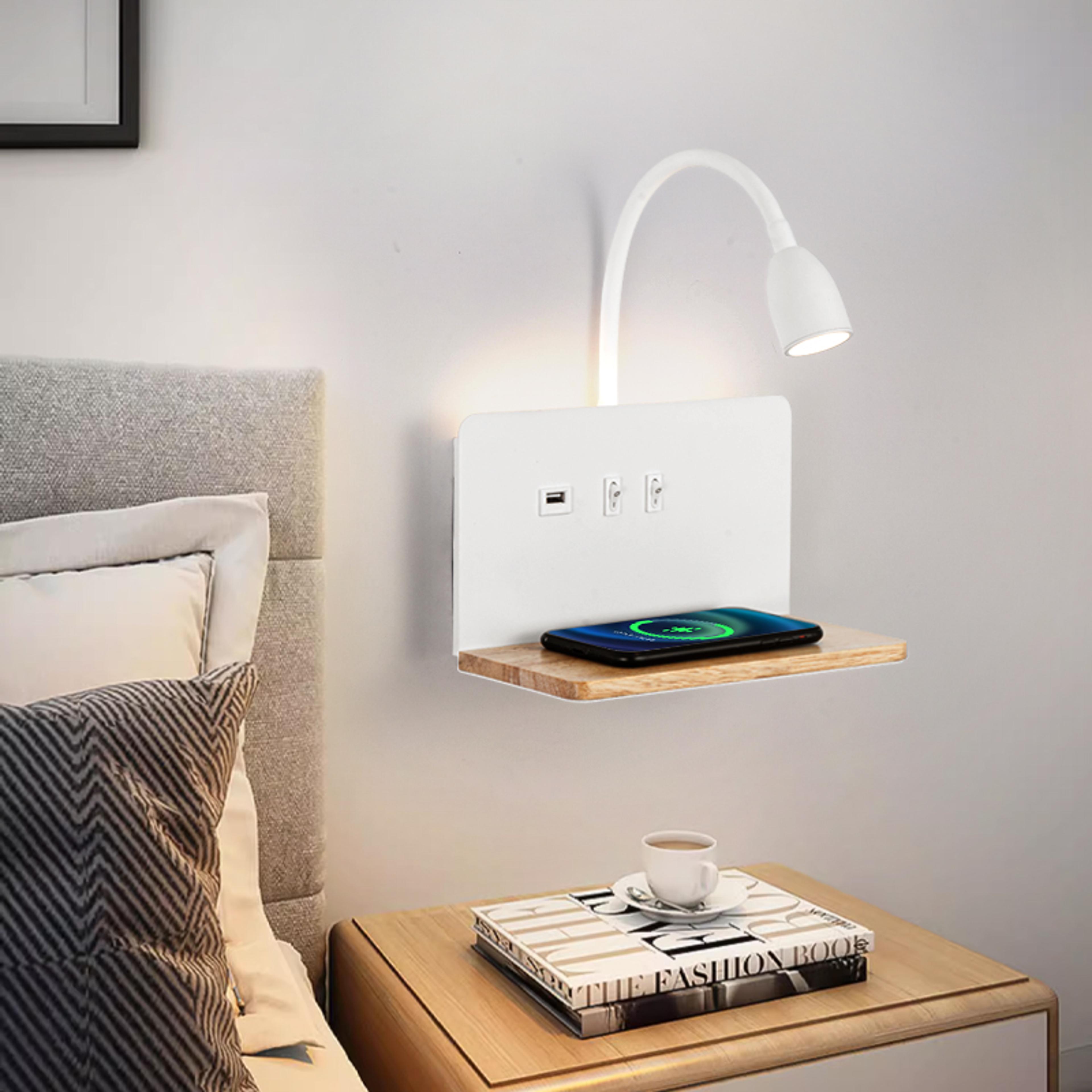 wooden wireless charging wall lamp with rotatable led reading light usb charging and switch
