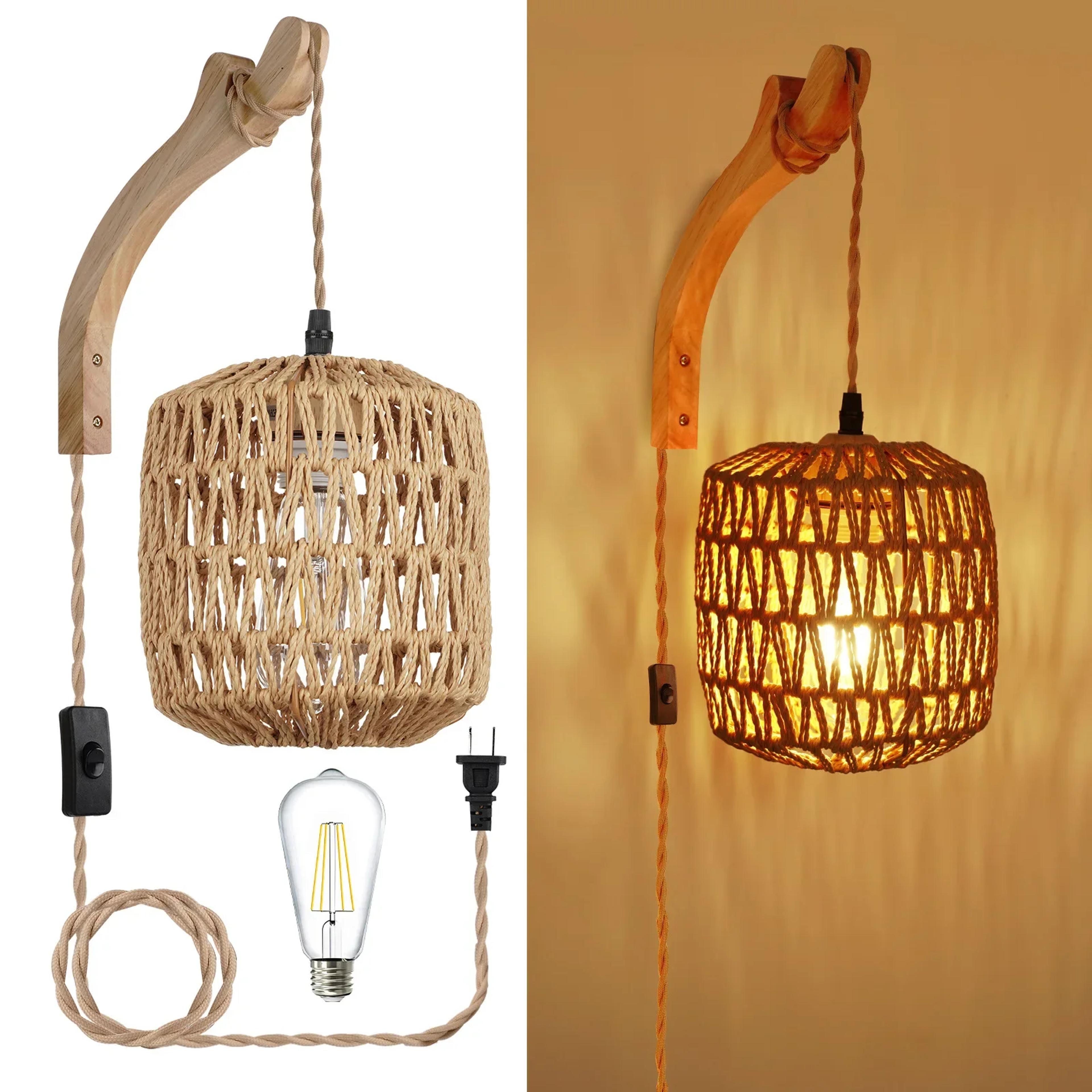 boho rattan wall lamp with base handwoven woven wall light for bedroom & living room