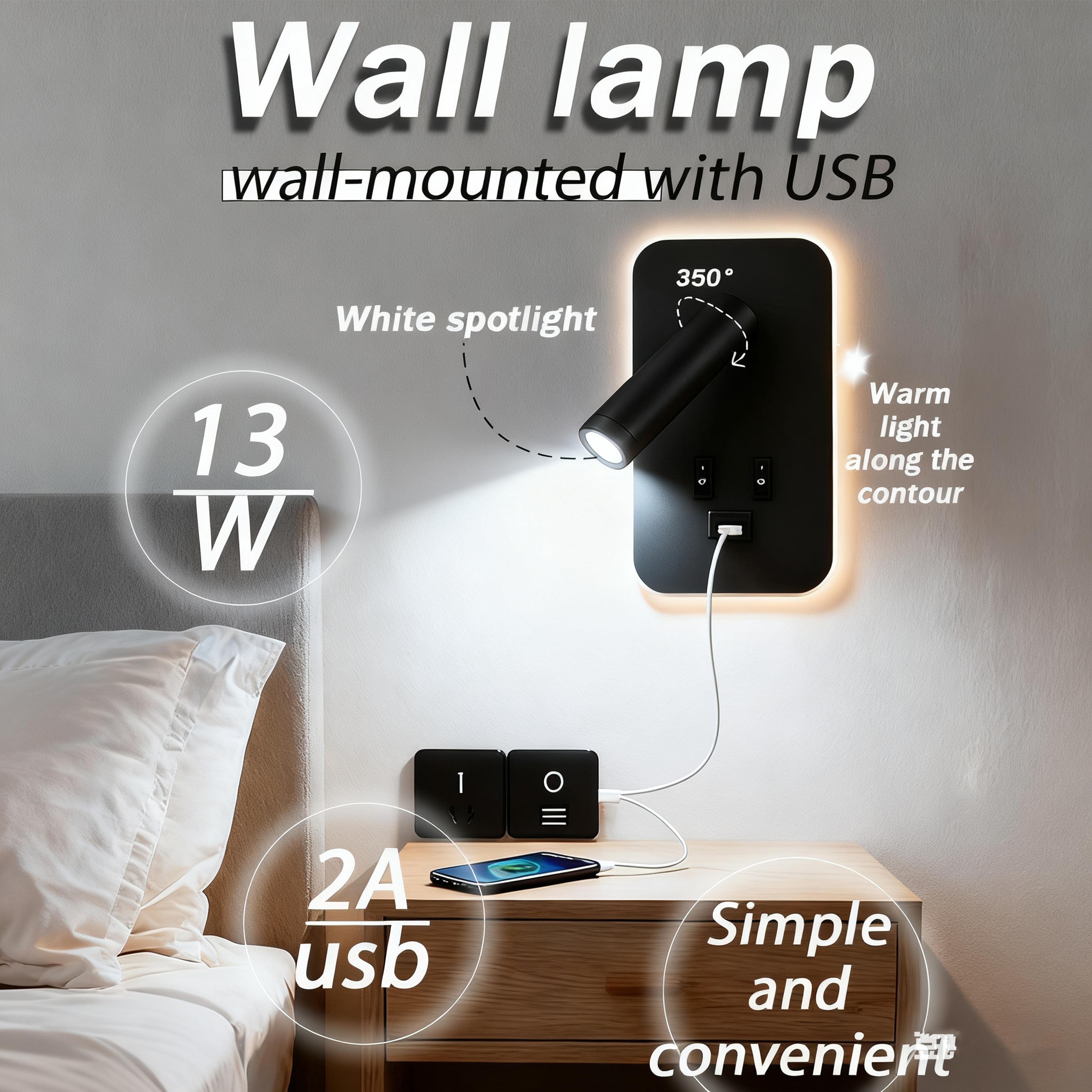 reading wall lamp with usb rotatable bedside wall light led reading spotlight