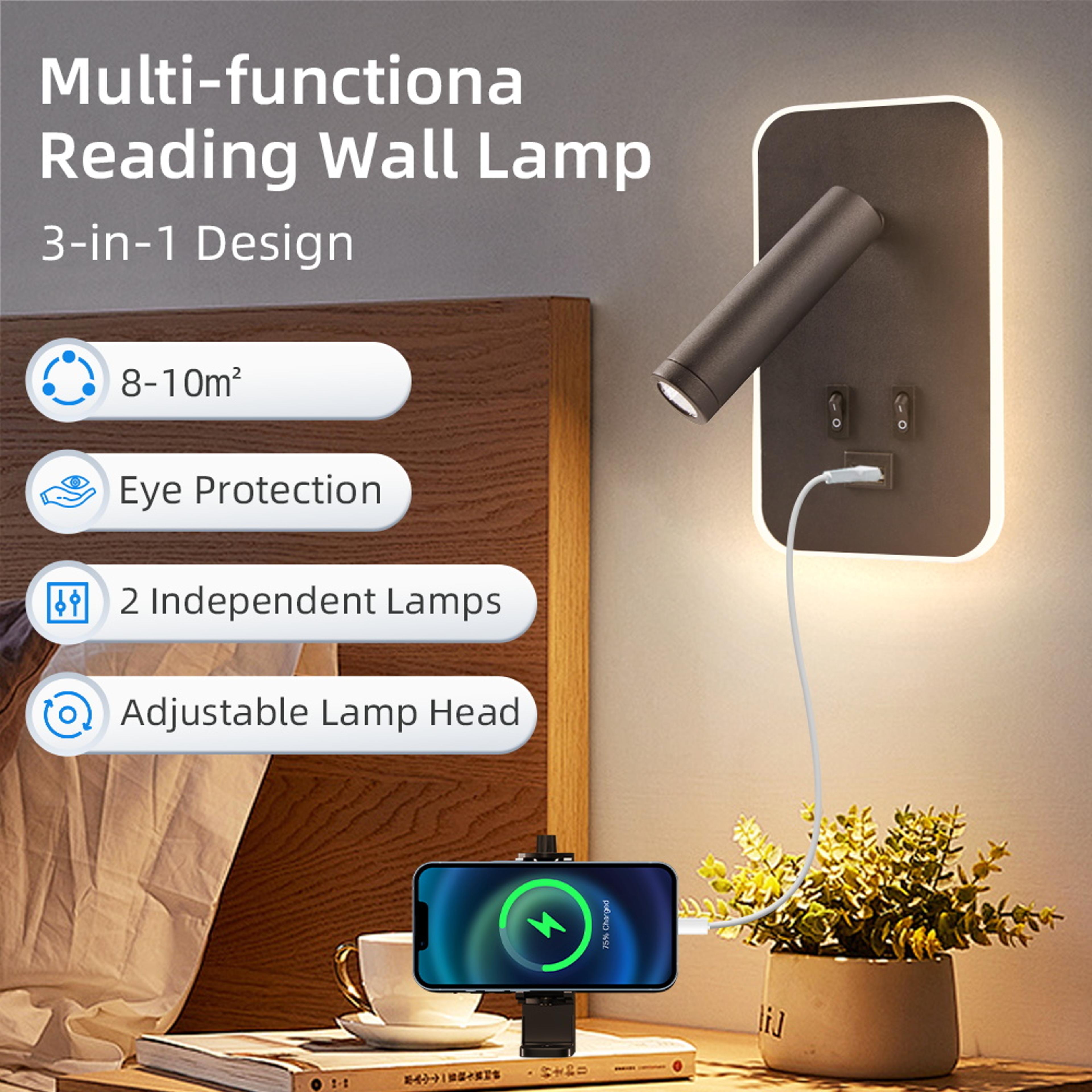 modern led wall sconce with usb charging port rotatable bedside reading light for bedroom living room