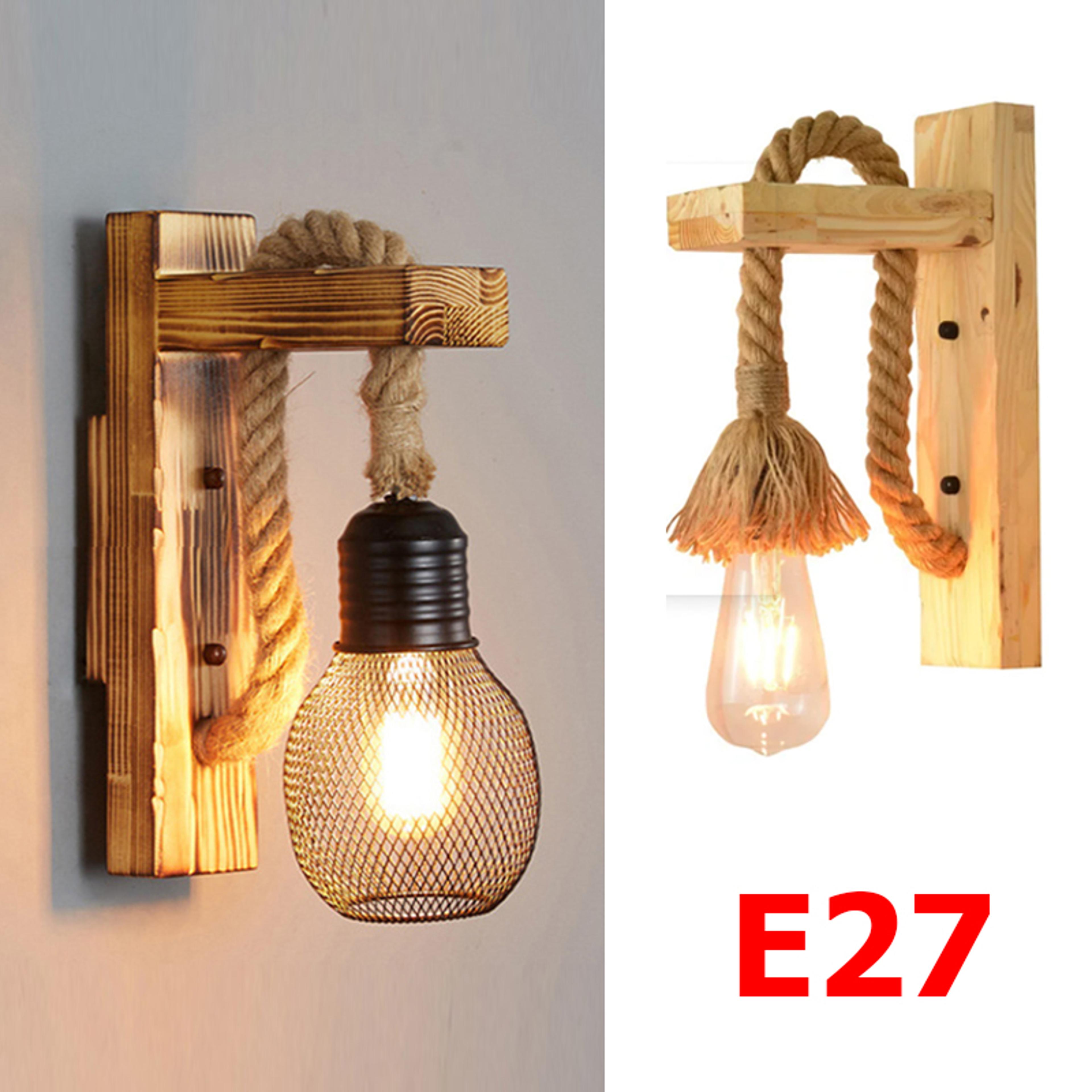 vintage industrial hemp rope wall lamp with wooden base rustic wall sconce for bedroom hallway