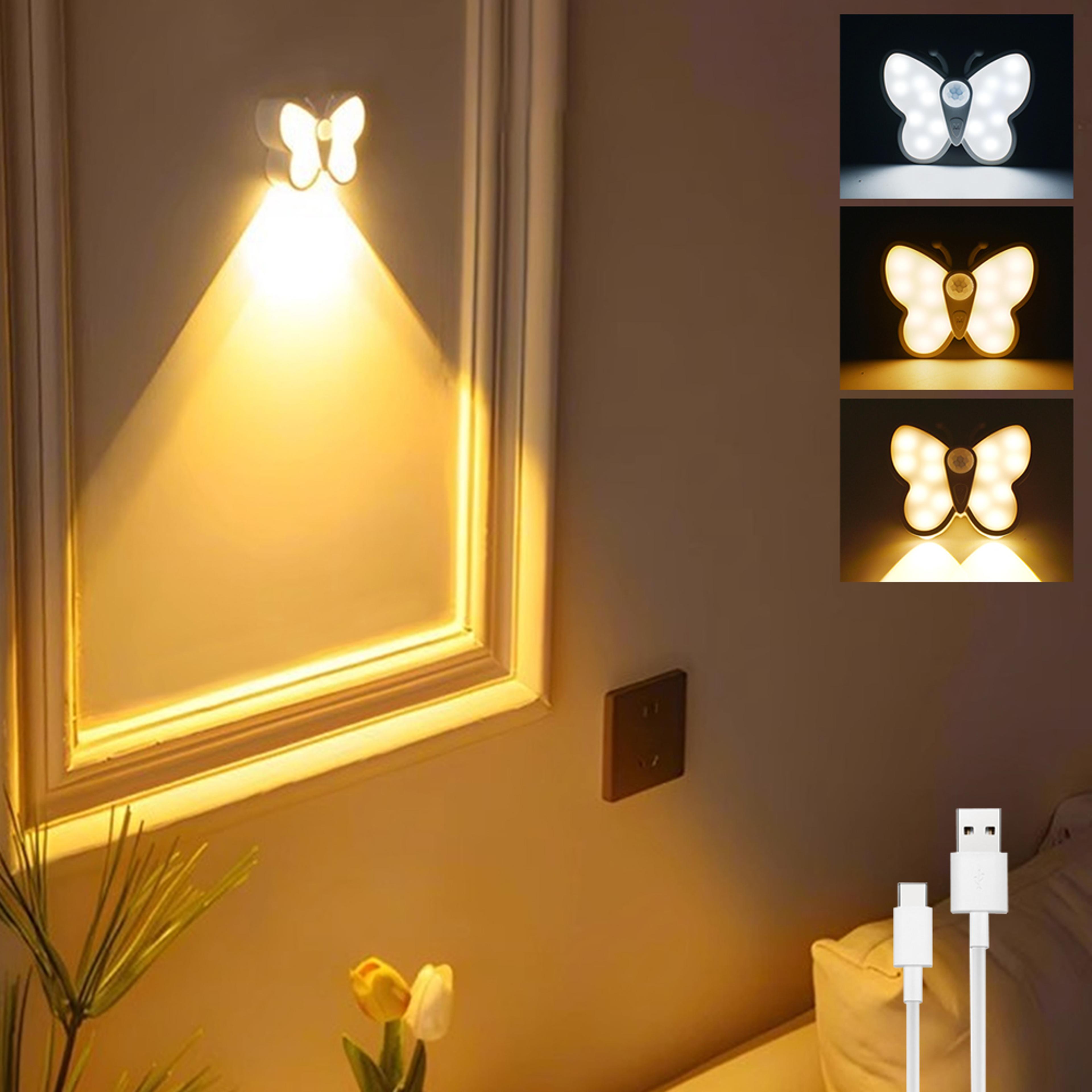 butterfly motion sensor night light usb rechargeable led wall lamp with dimmable glow