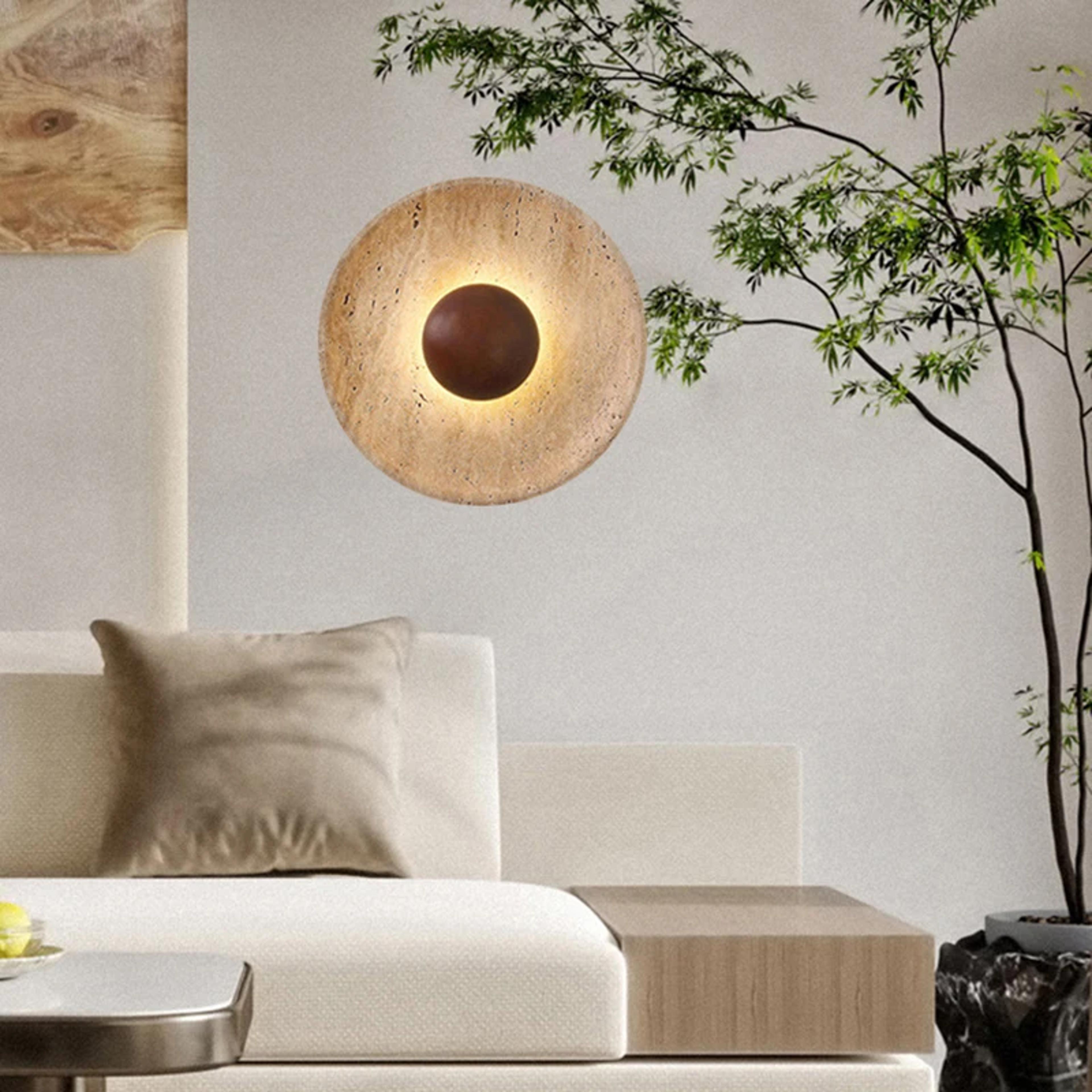modern natural stone wall sconce with dark wood design for bedroom and hallway lighting
