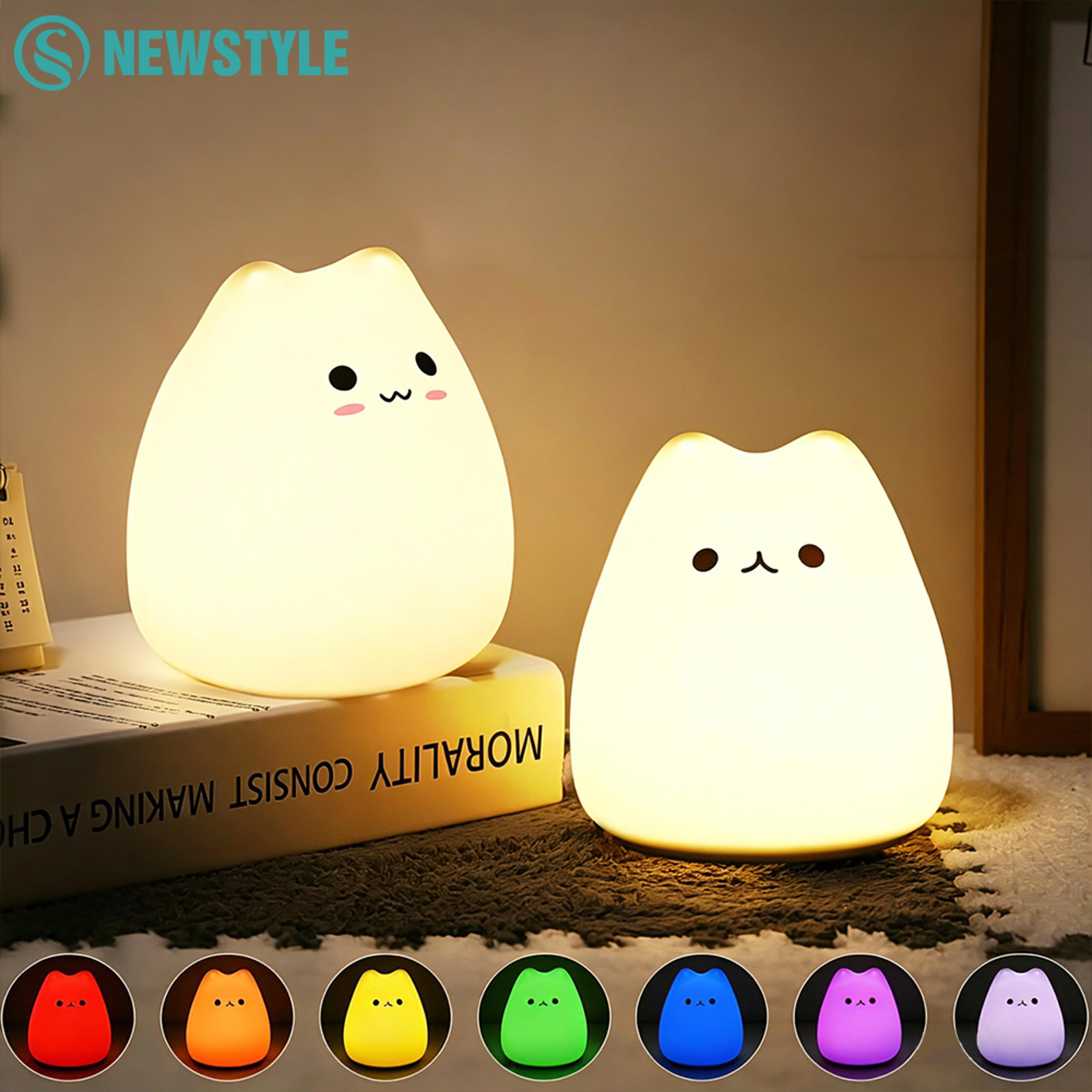 cute cat night light for kids nursery warm glow rgb color changing lamp