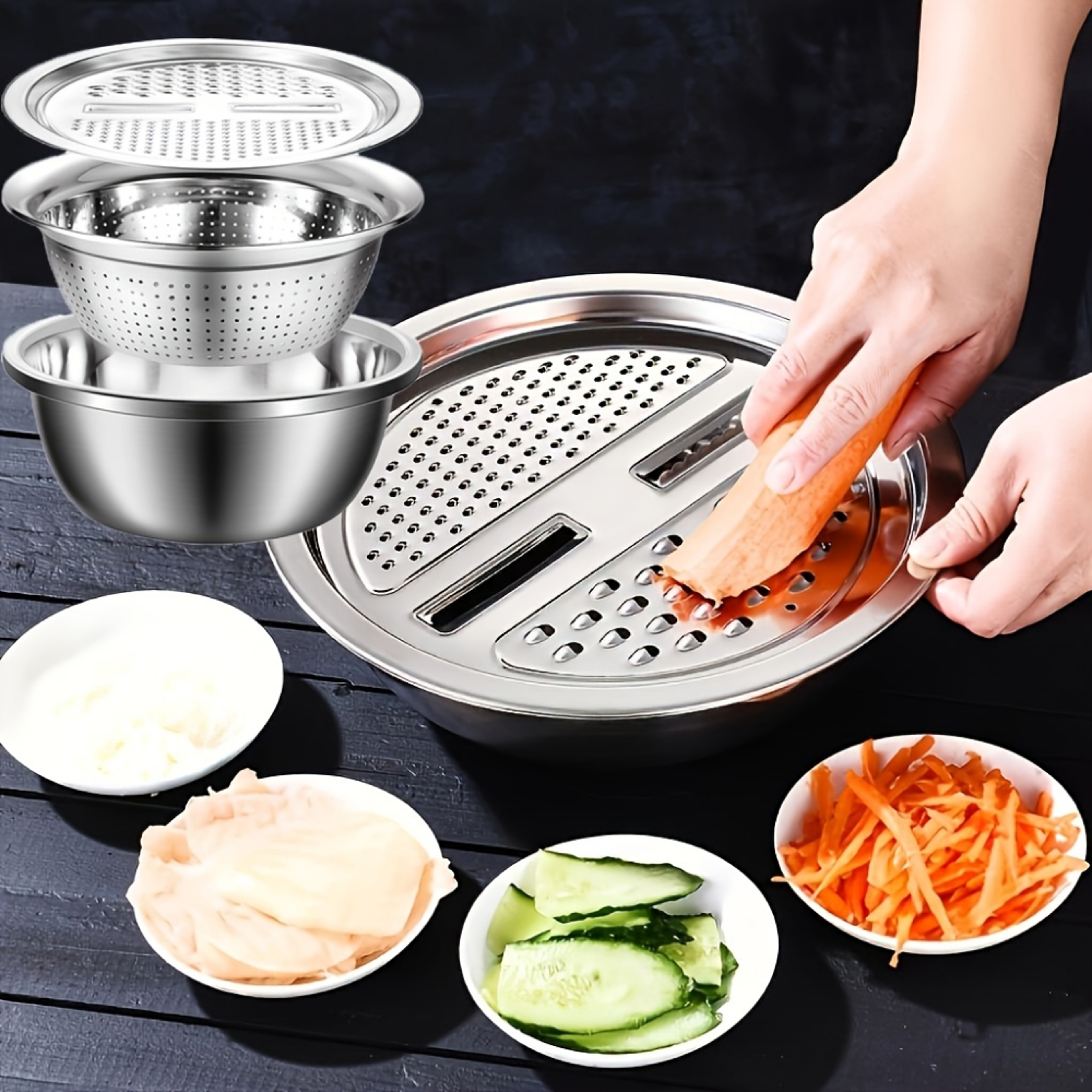 stainless steel grater bowl set with vegetable slicer and drain basket