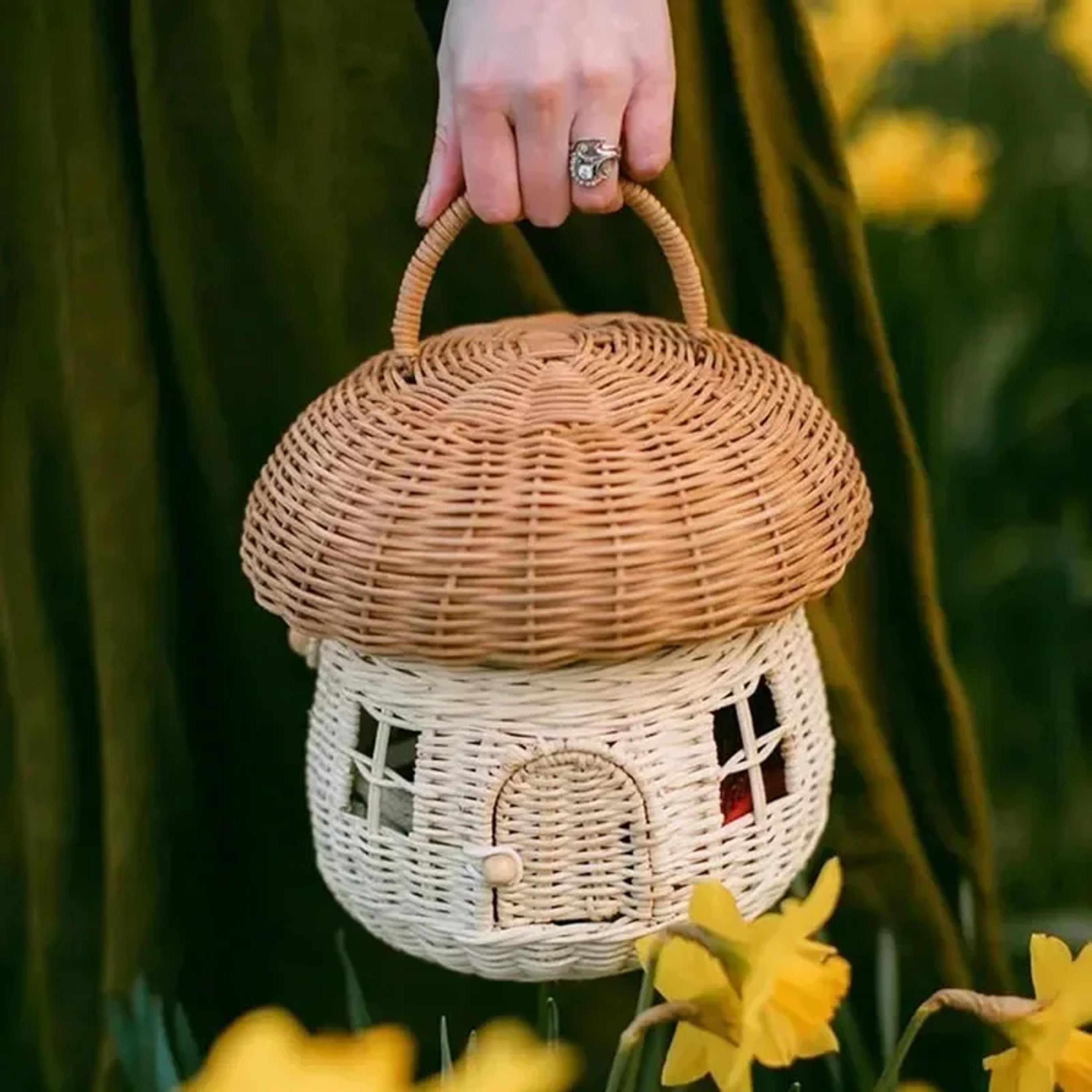 handmade mushroom basket bag rattan woven storage picnic basket