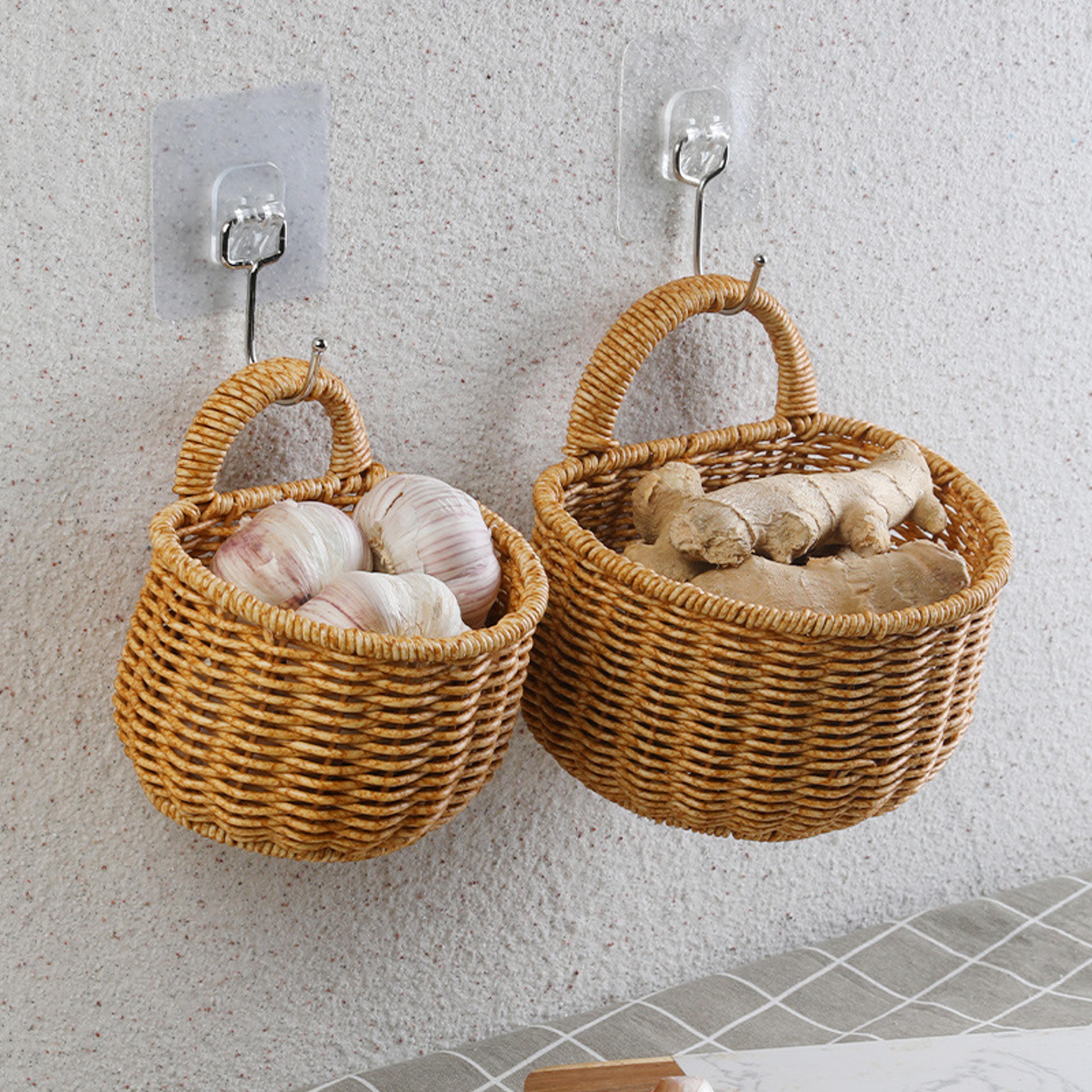 rattan storage basket wall hanging kitchen organizer for garlic ginger eggs