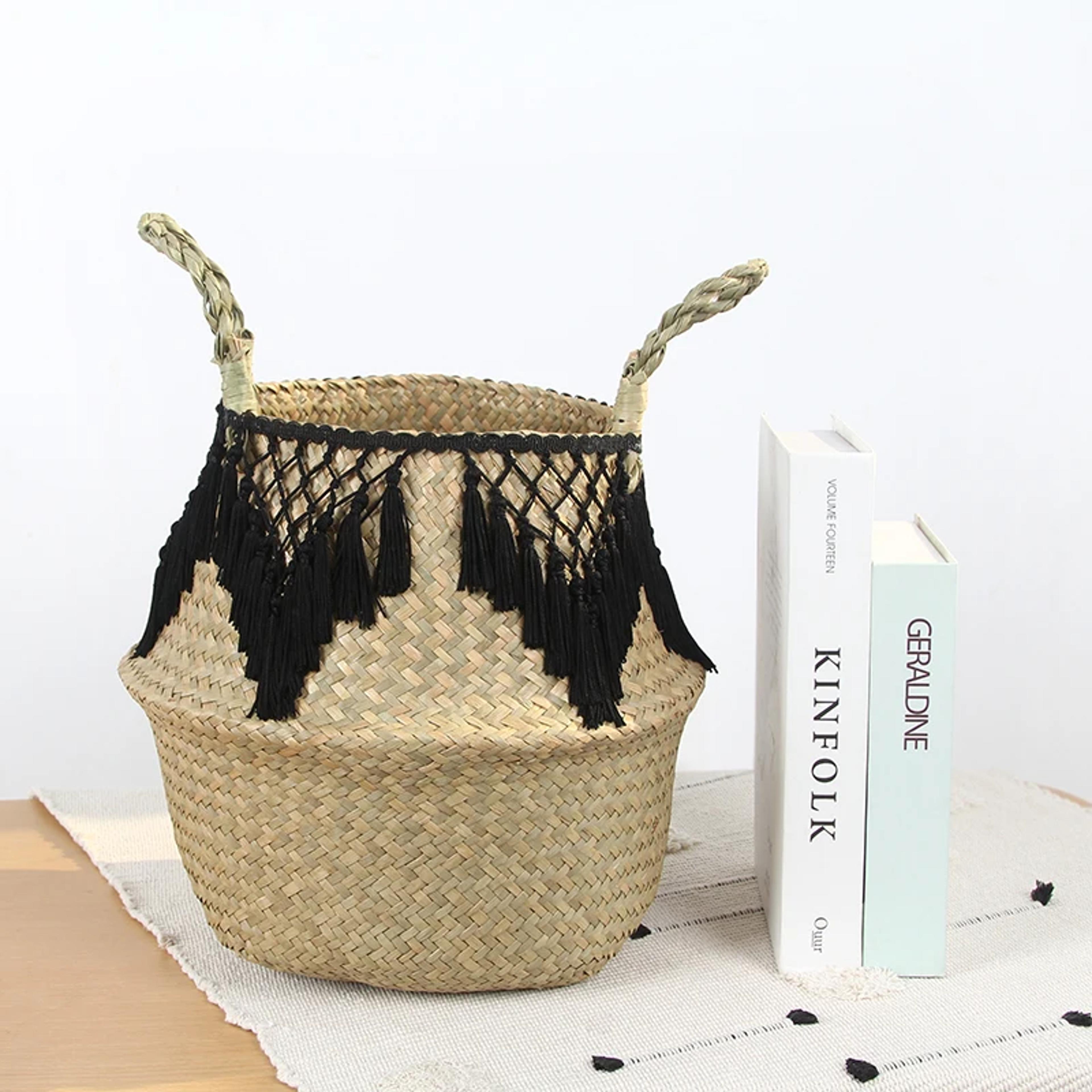 natural seagrass storage basket with tassels woven laundry basket home organizer