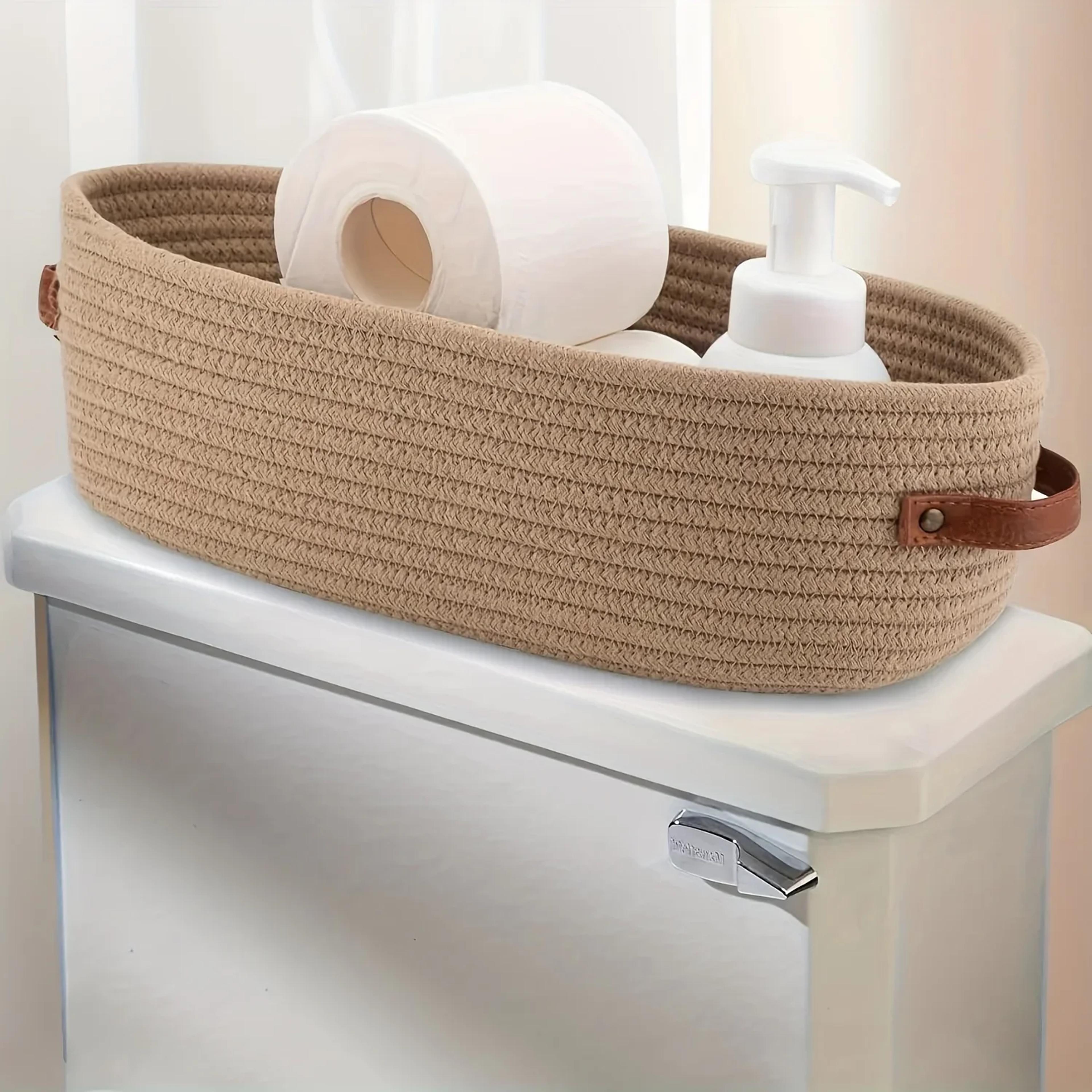 oval woven bathroom storage basket with toilet paper holder and desktop organizer