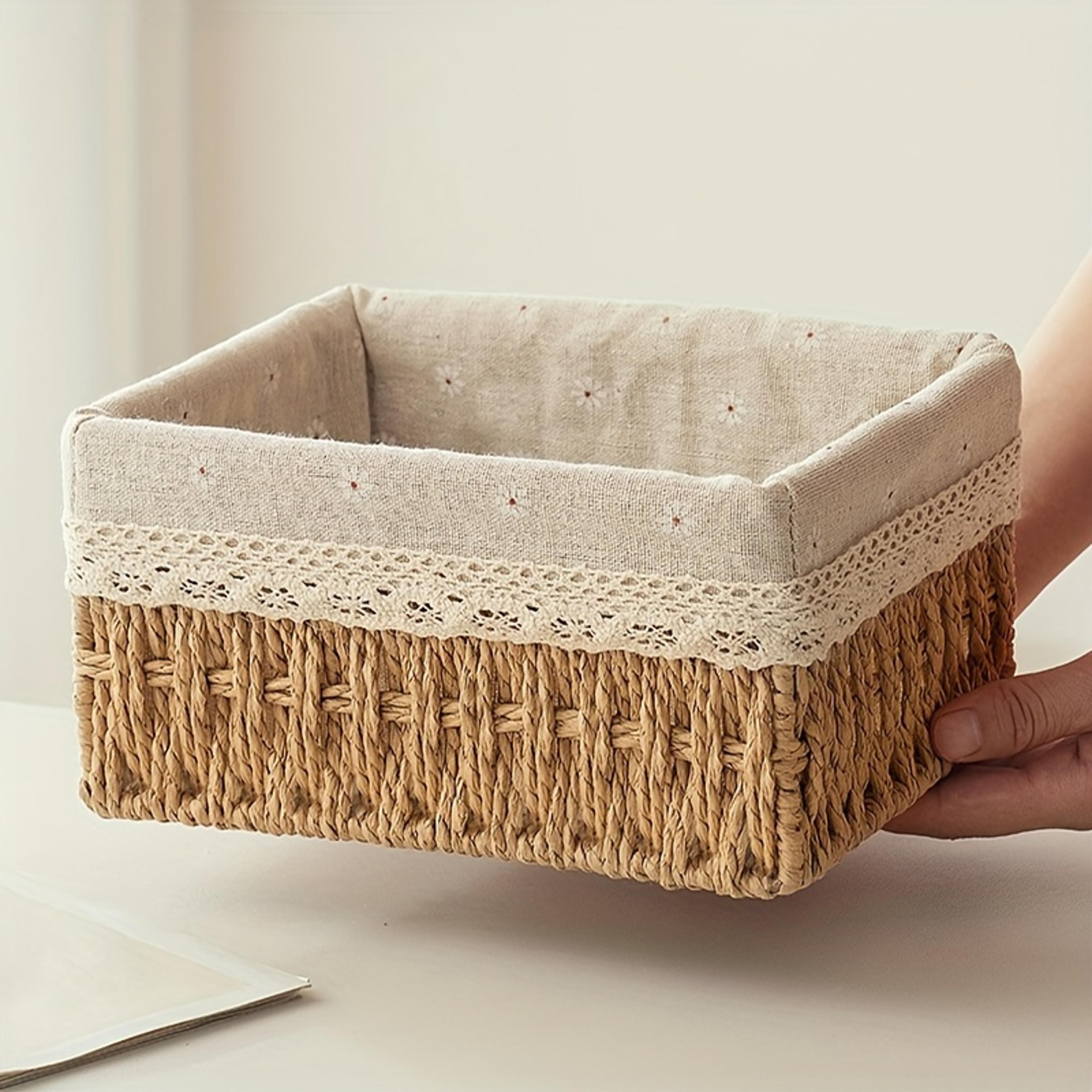 handmade rattan storage basket with lace lining desktop organizer for cosmetics and home decor