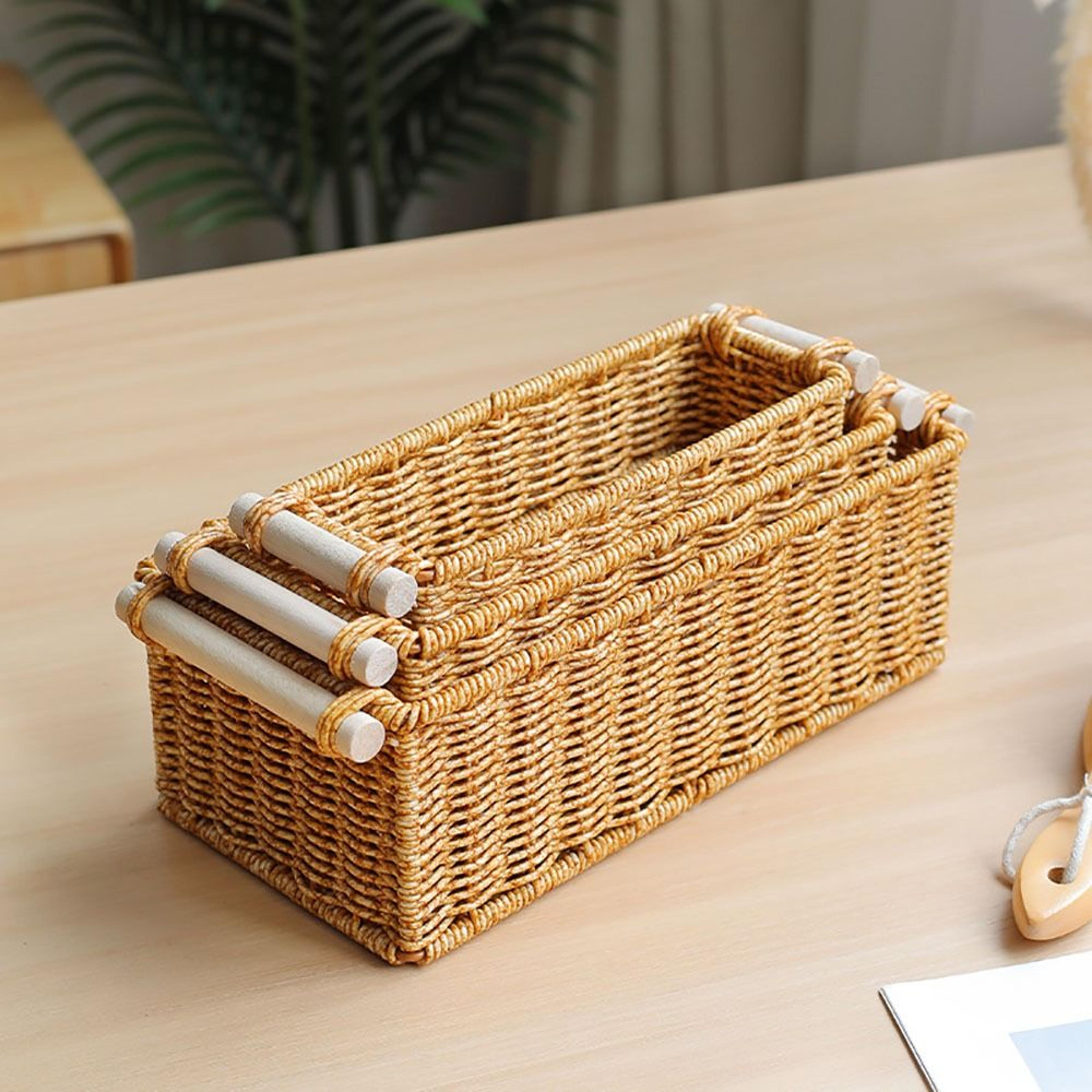 woven storage basket with wood handle desk organizer box for home decor