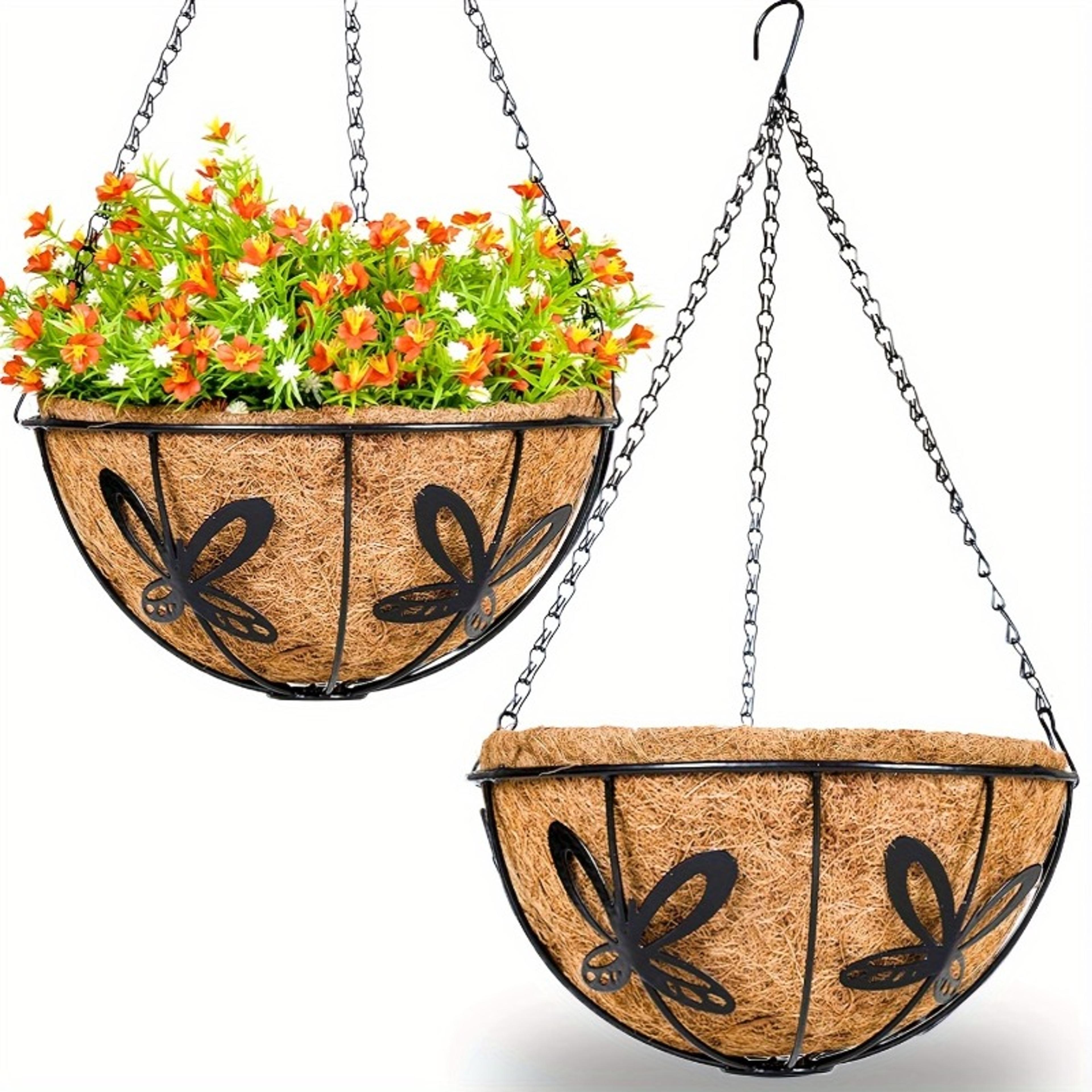 glam metal hanging basket planter with coconut liner butterfly design