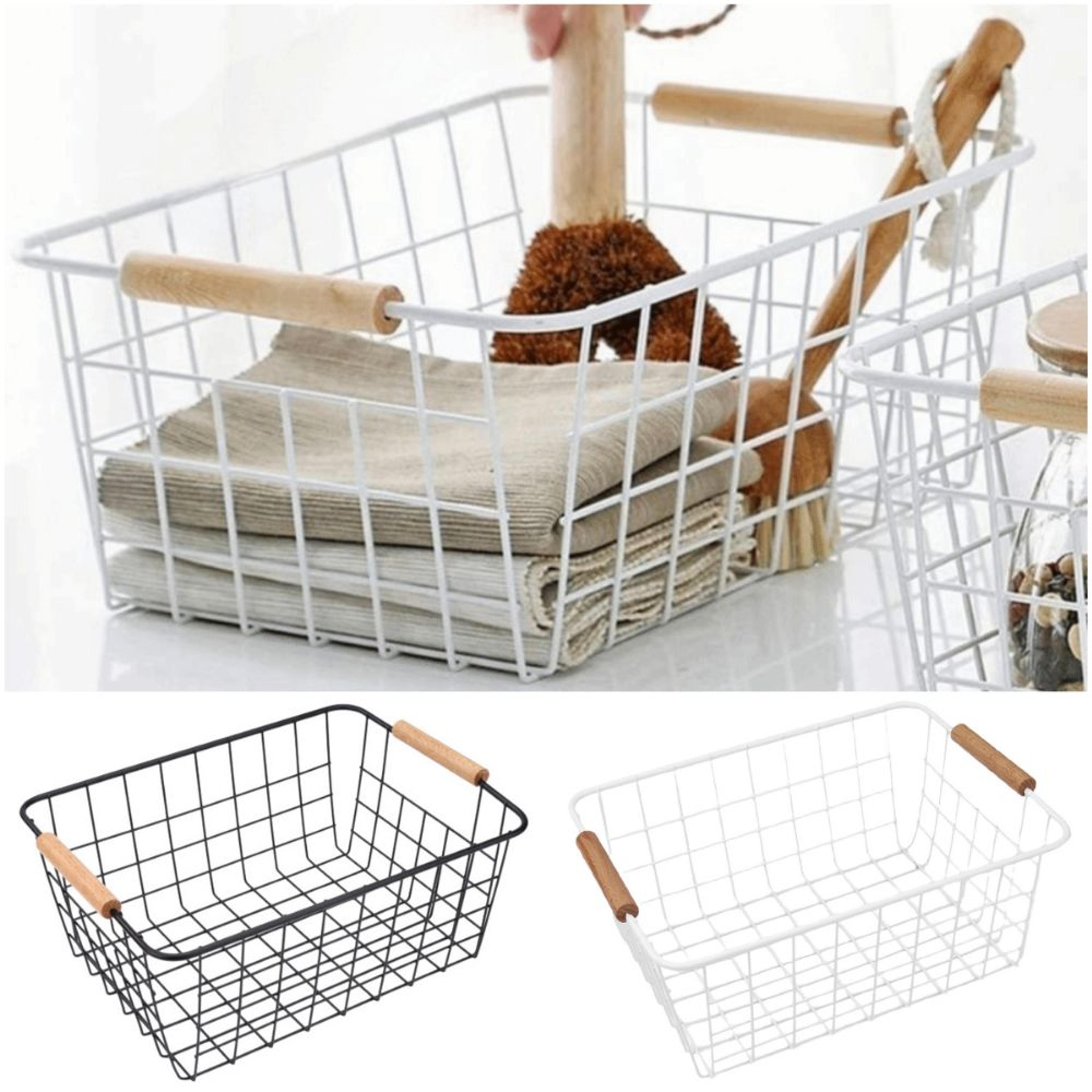 large metal desktop storage basket with wood handle for home organization