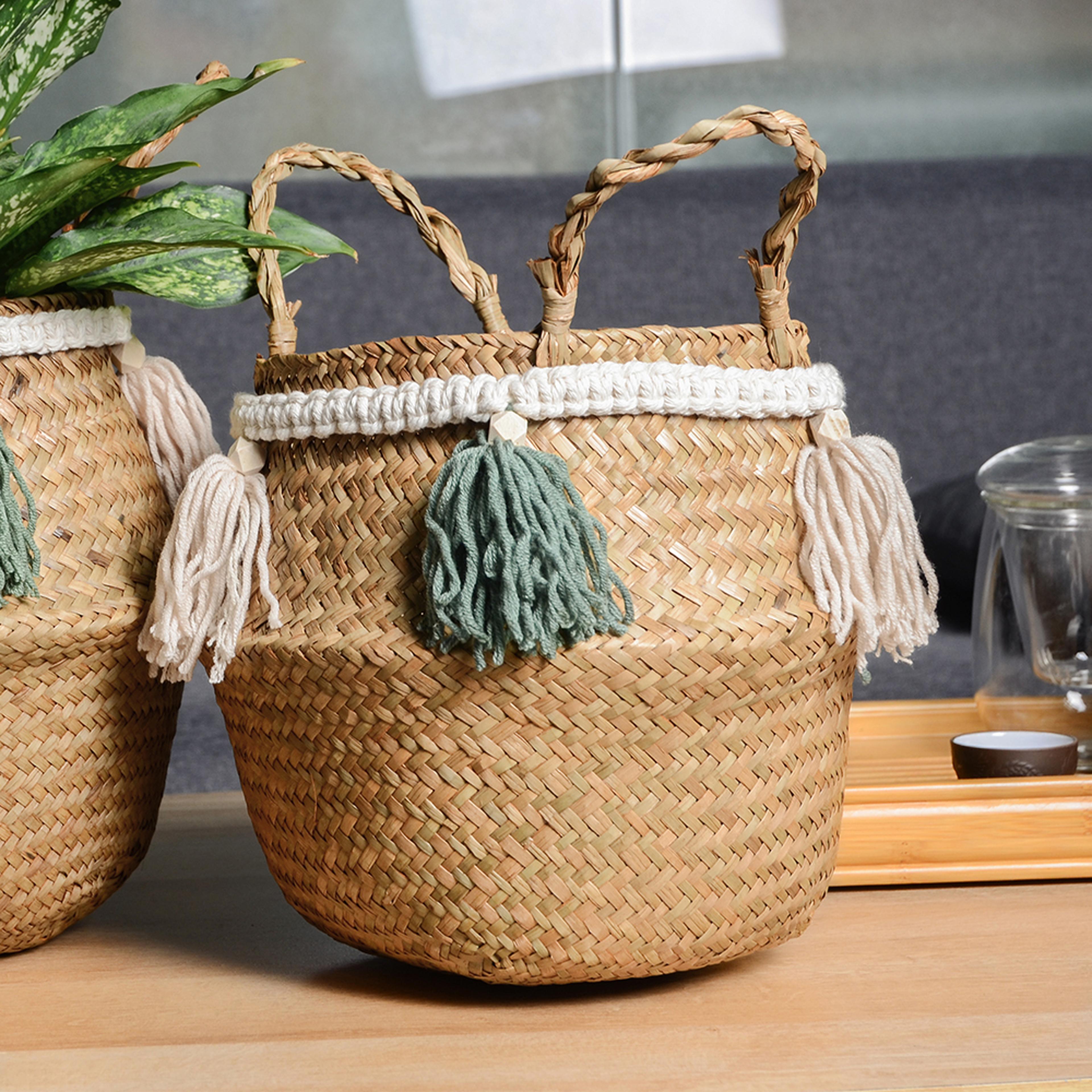 boho tassel seagrass basket woven storage and plant basket