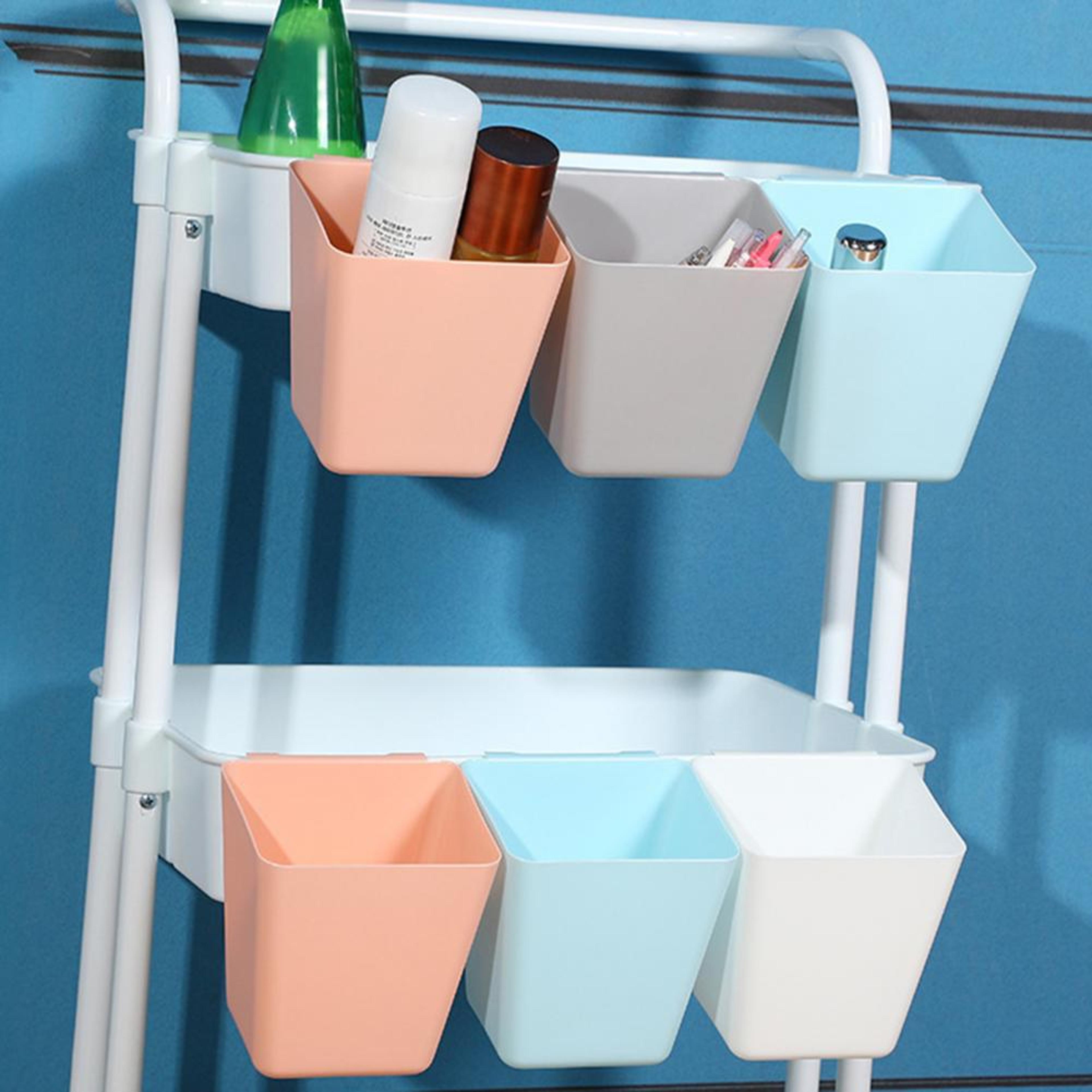 space saving hanging storage basket with hooks for kitchen and bathroom organization