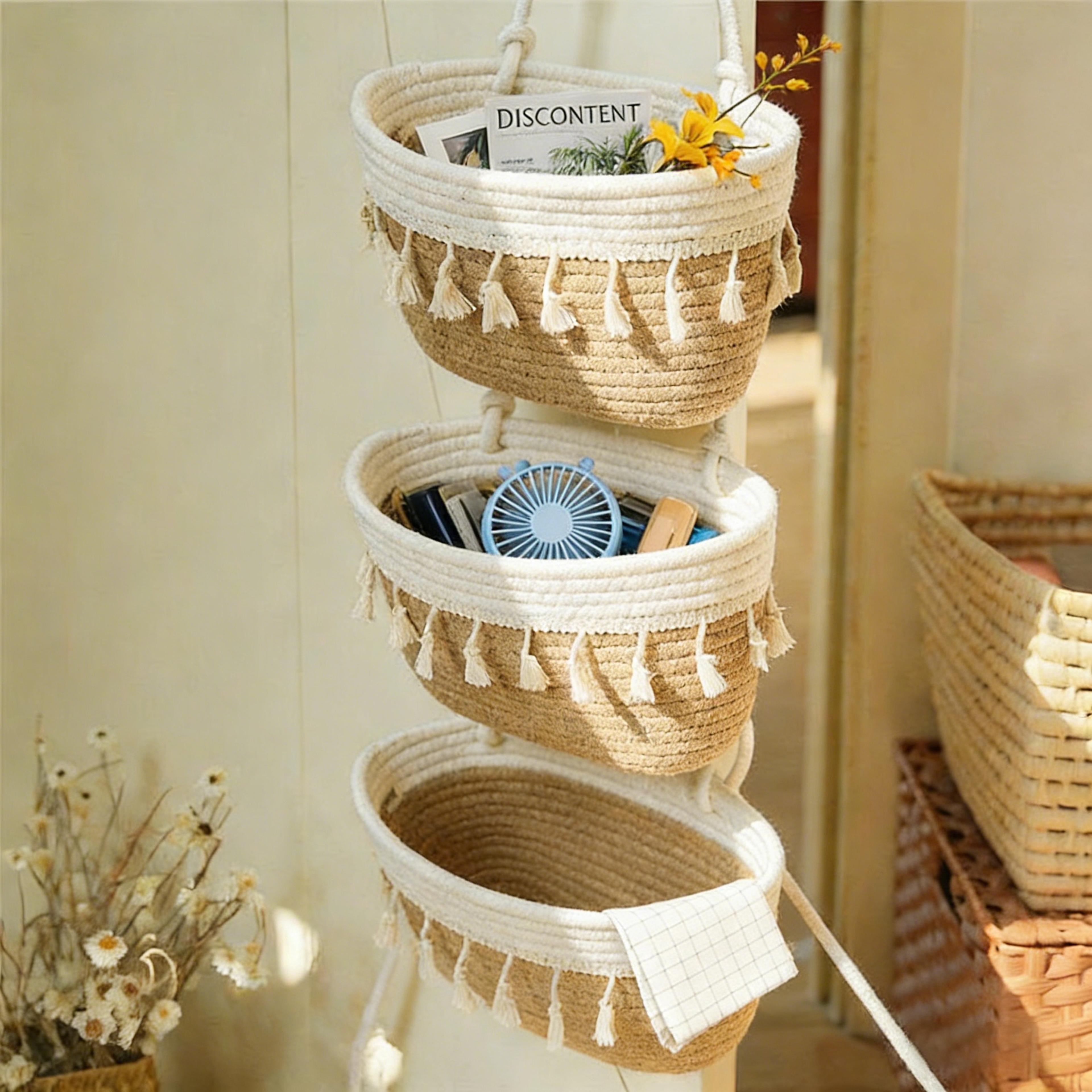 hanging wall basket woven cotton rope wall storage organizer for home