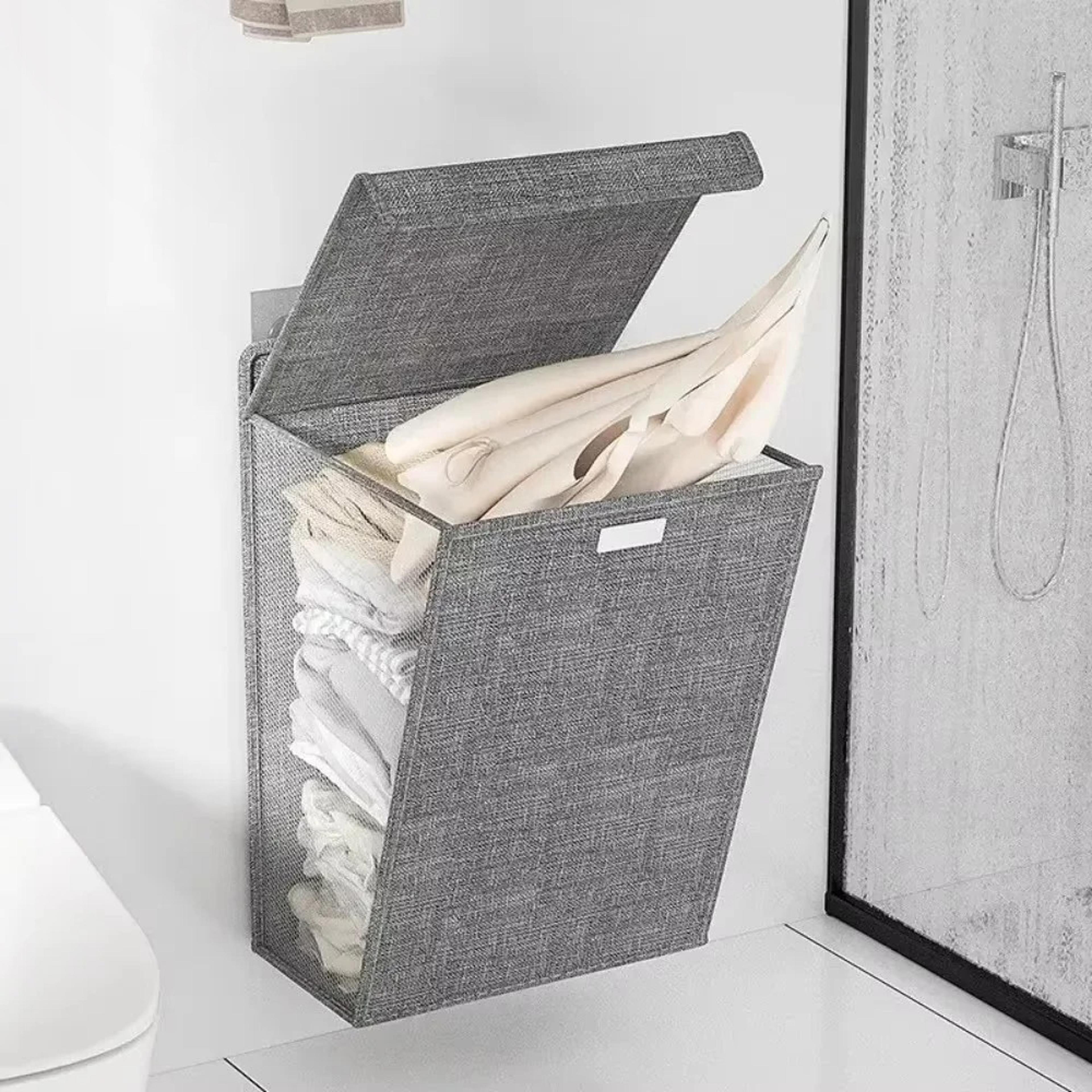 foldable wall mounted laundry basket with adhesive hooks and space saving mesh hamper