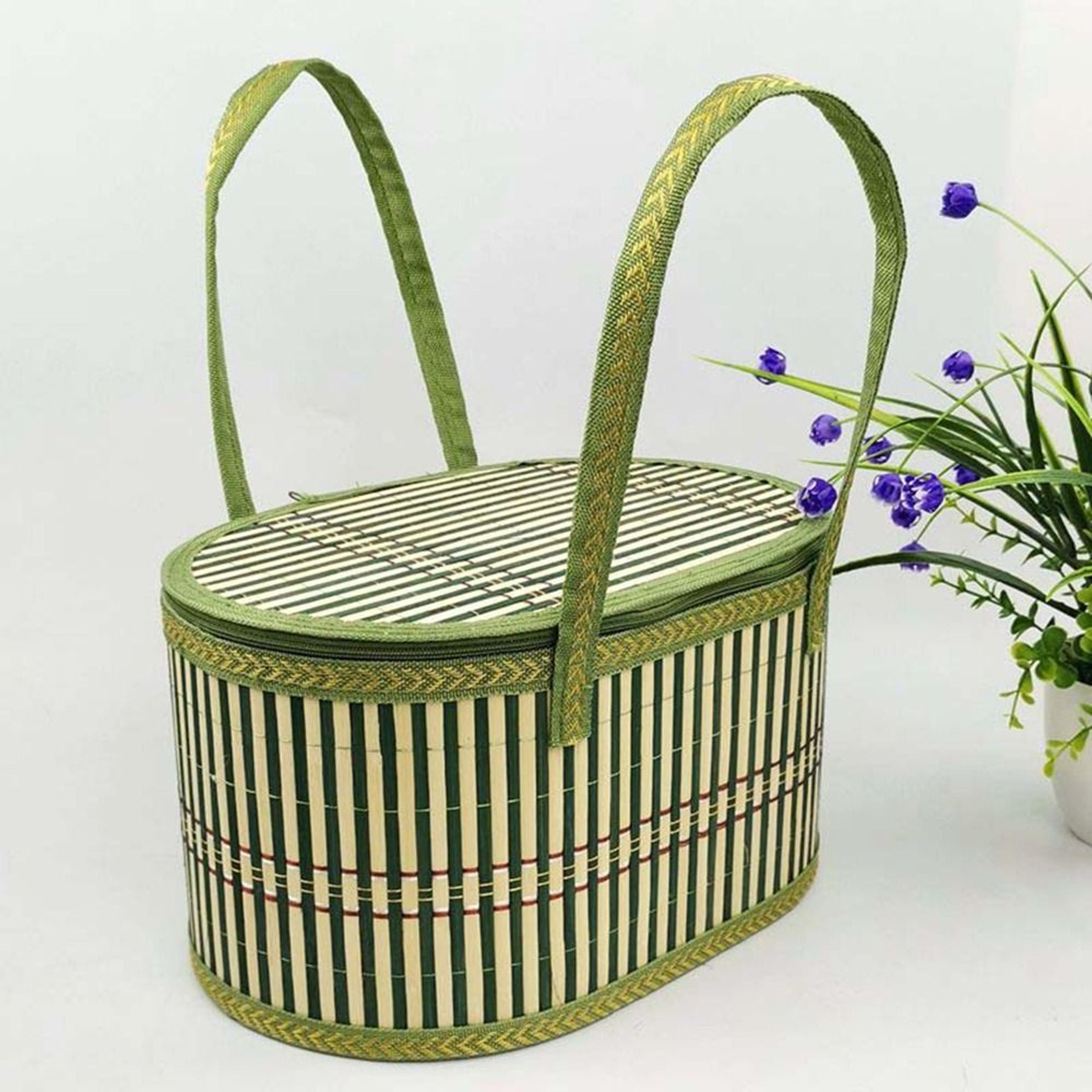 natural bamboo basket with lid portable woven storage and picnic basket