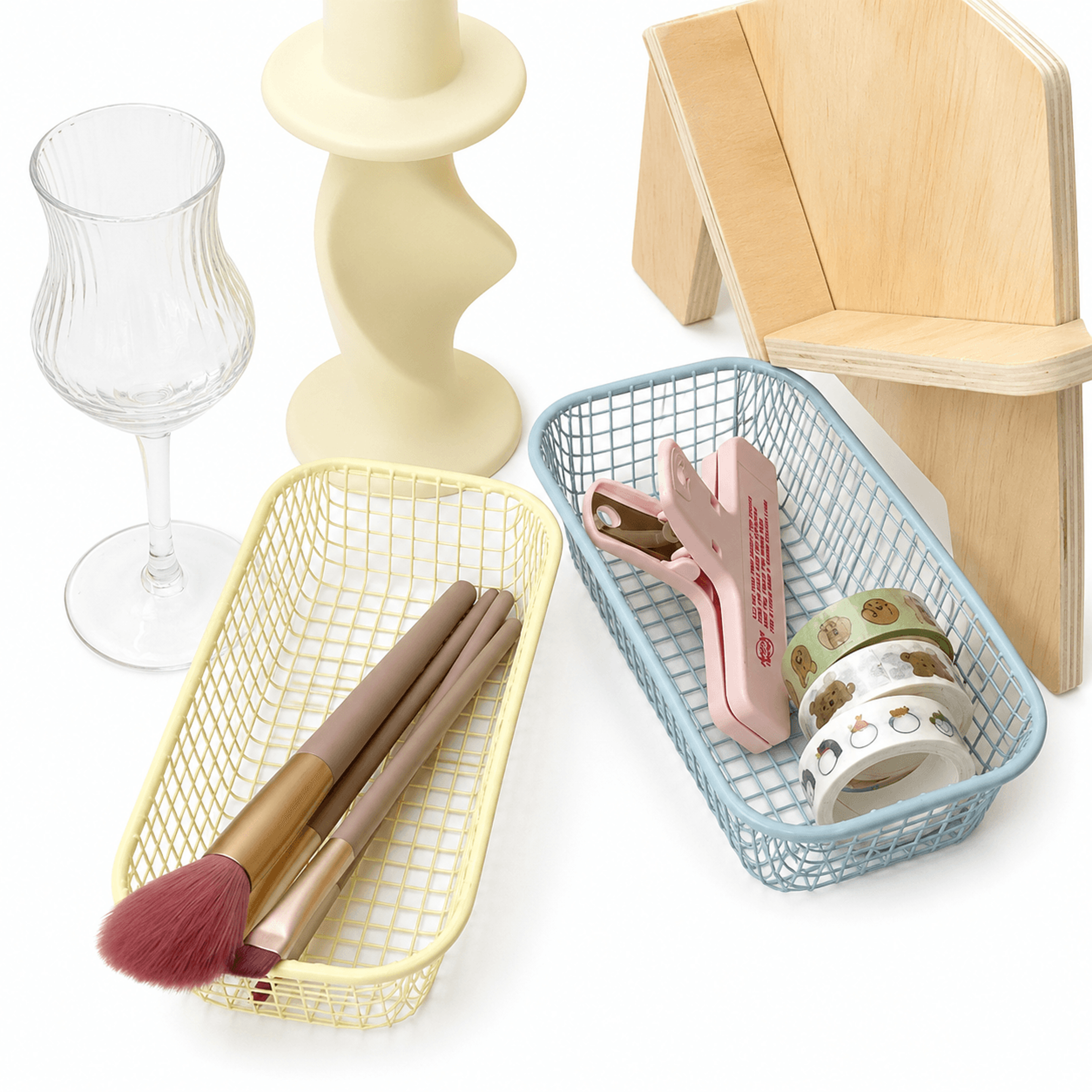 aesthetic metal desktop storage basket for stationery, photocards and makeup