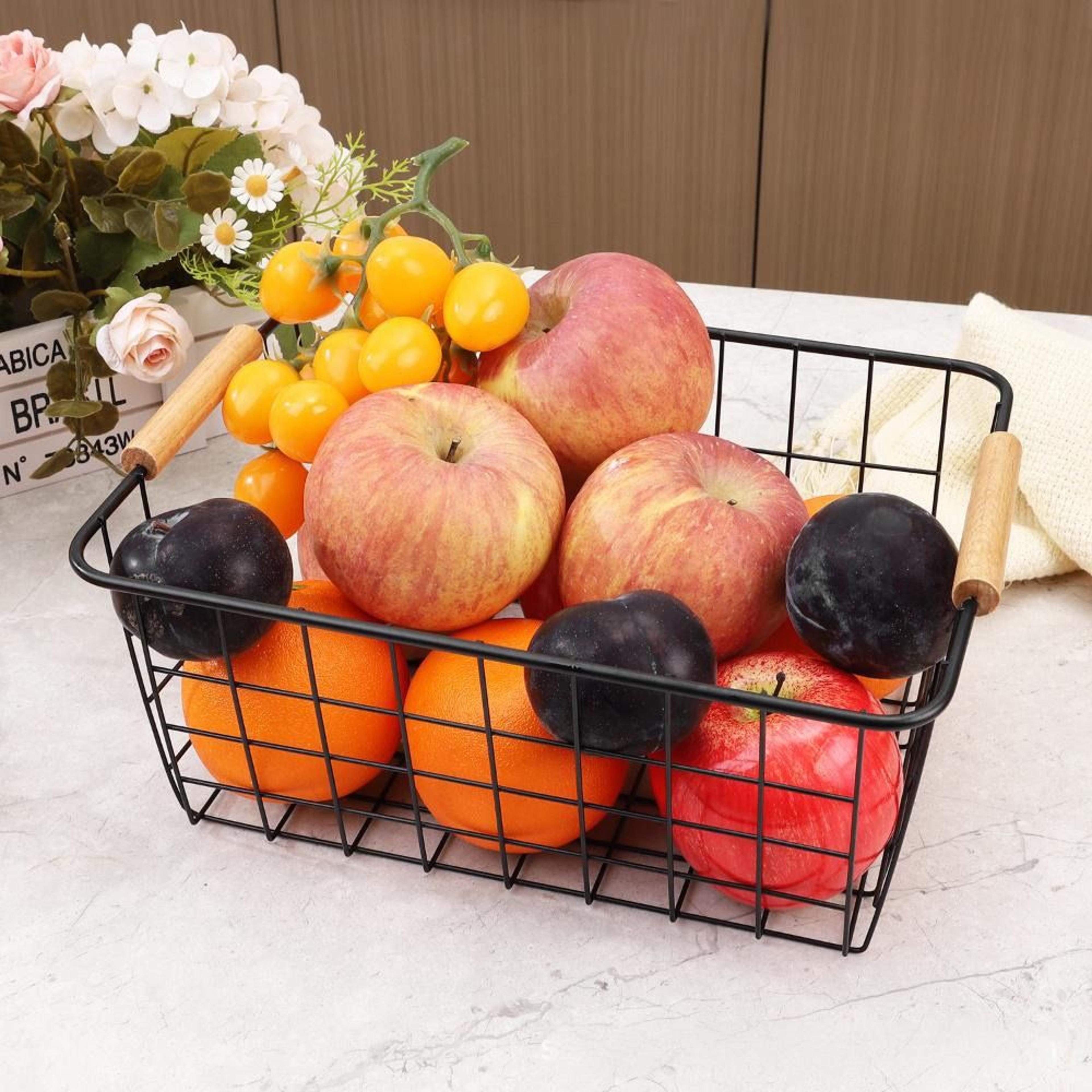 large metal desktop storage basket with wood handle for kitchen and home organization