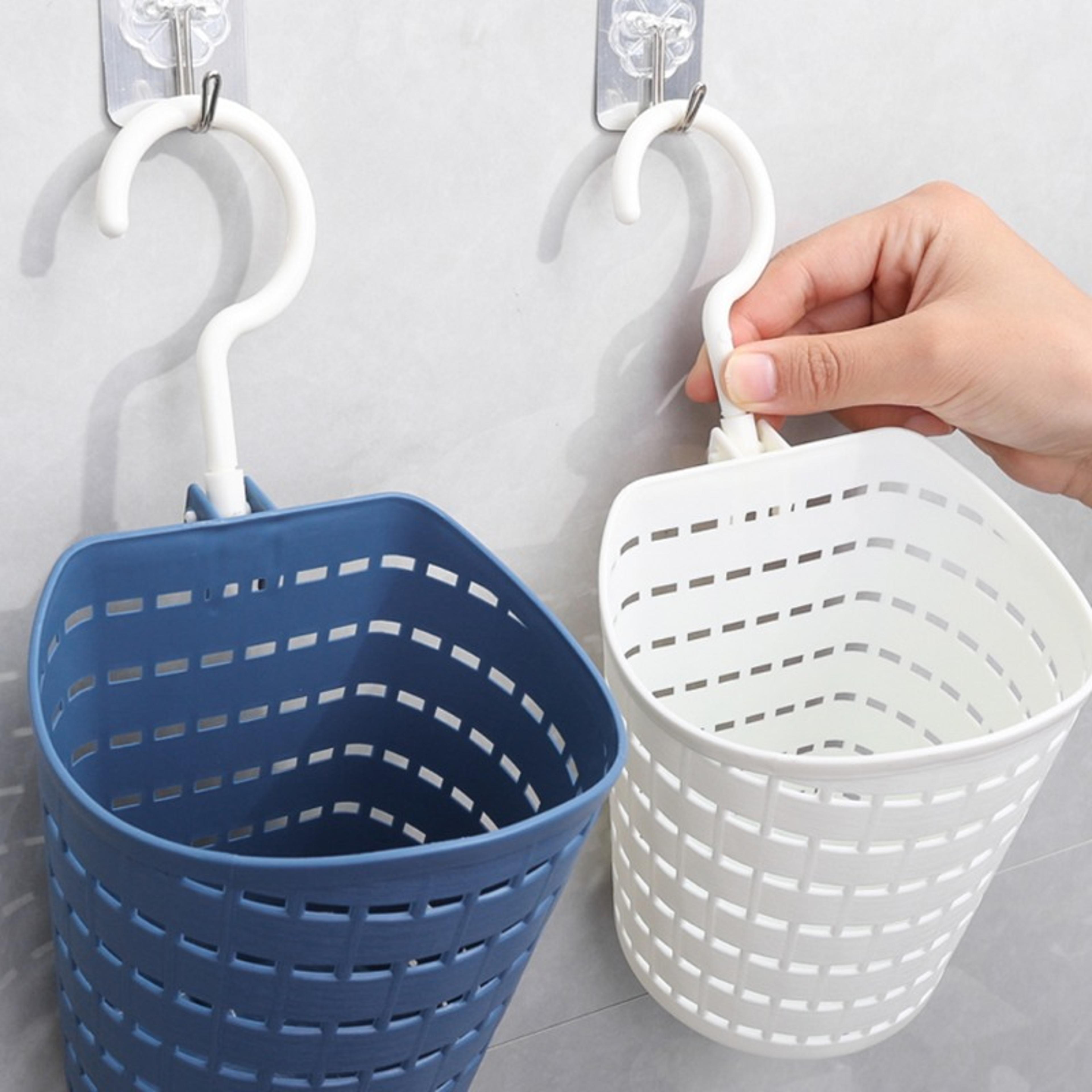 hanging storage basket with hook for kitchen and bathroom organization white