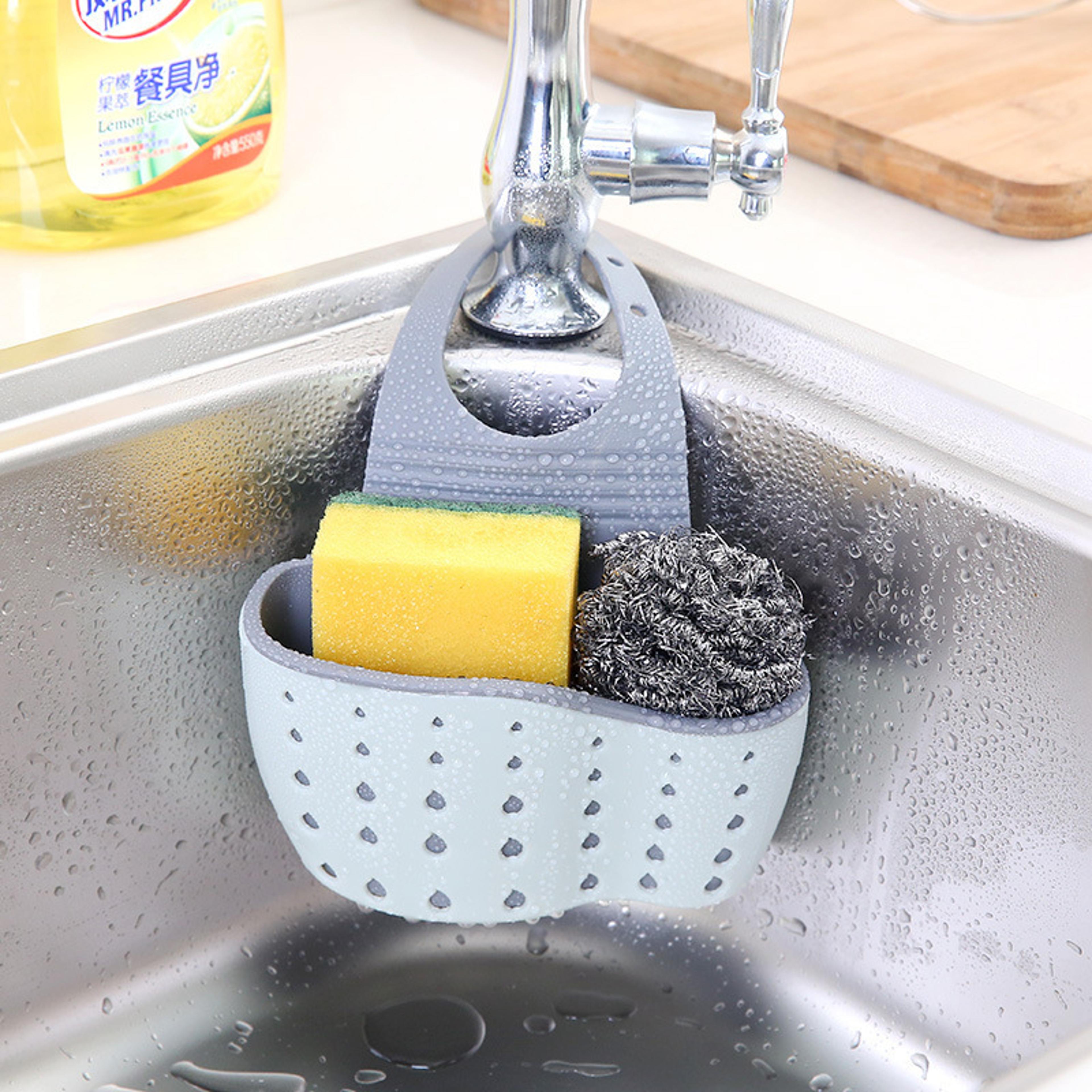 sky blue adjustable sink storage rack with drainage basket for kitchen faucet